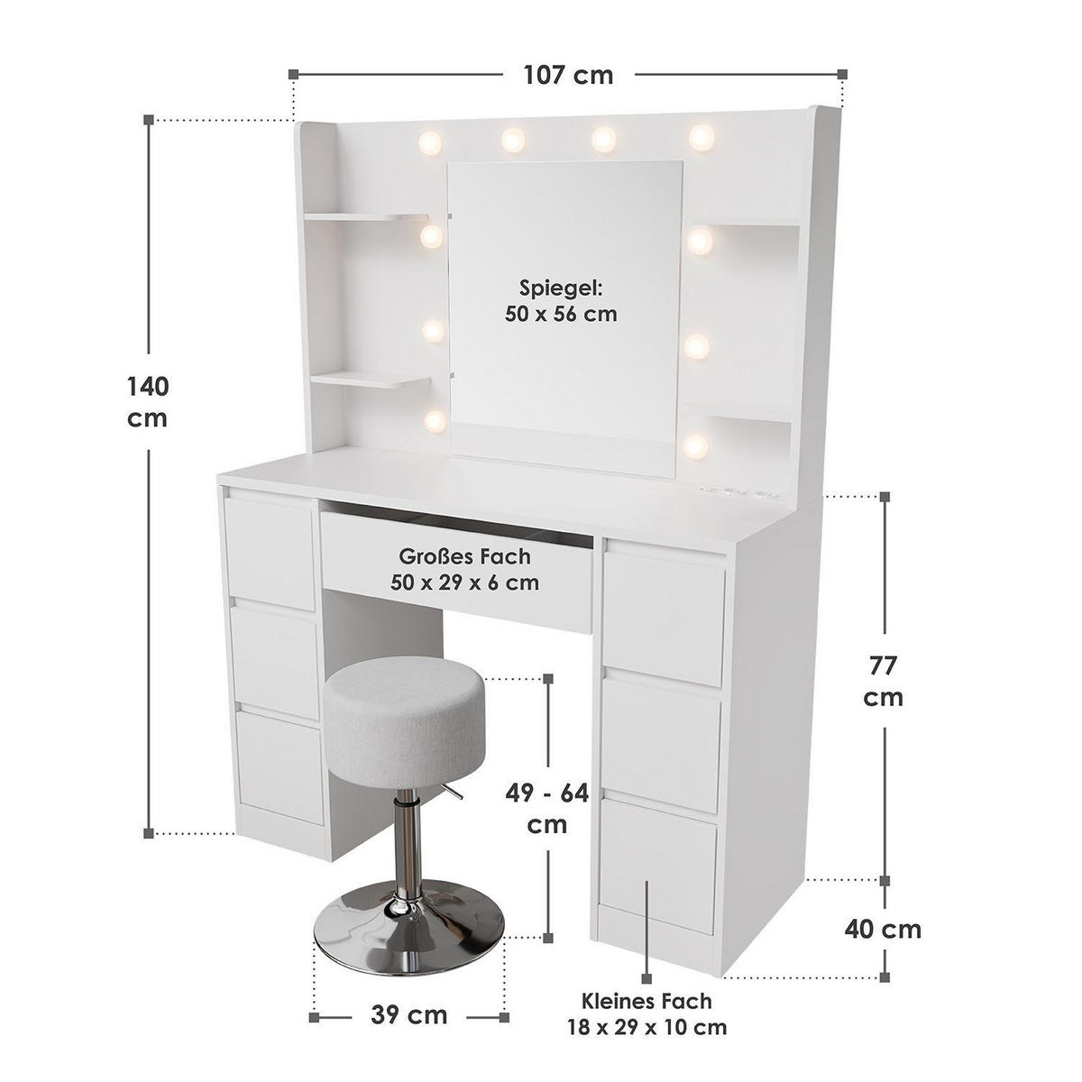 SCHMINKTISCH Malia mit LED und Hocker Tonia - Weiß, Holz (107/140/40cm) - Juskys