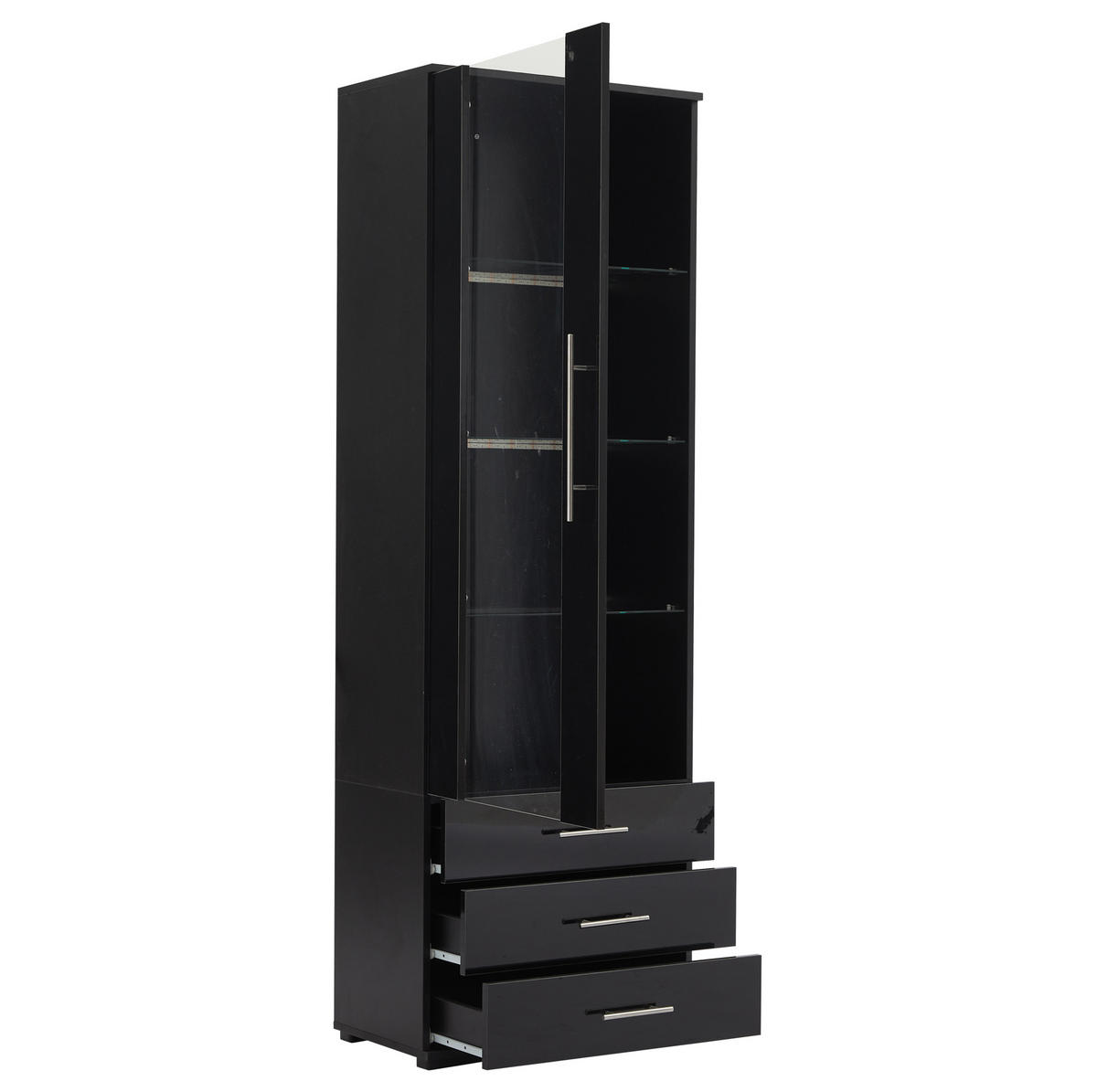 VITRINE 60/35/180 cm in Schwarz mit LED-Beleuchtung und 3 Schubladen - Schwarz, Holzwerkstoff (60/180/35cm) - Flora Grace