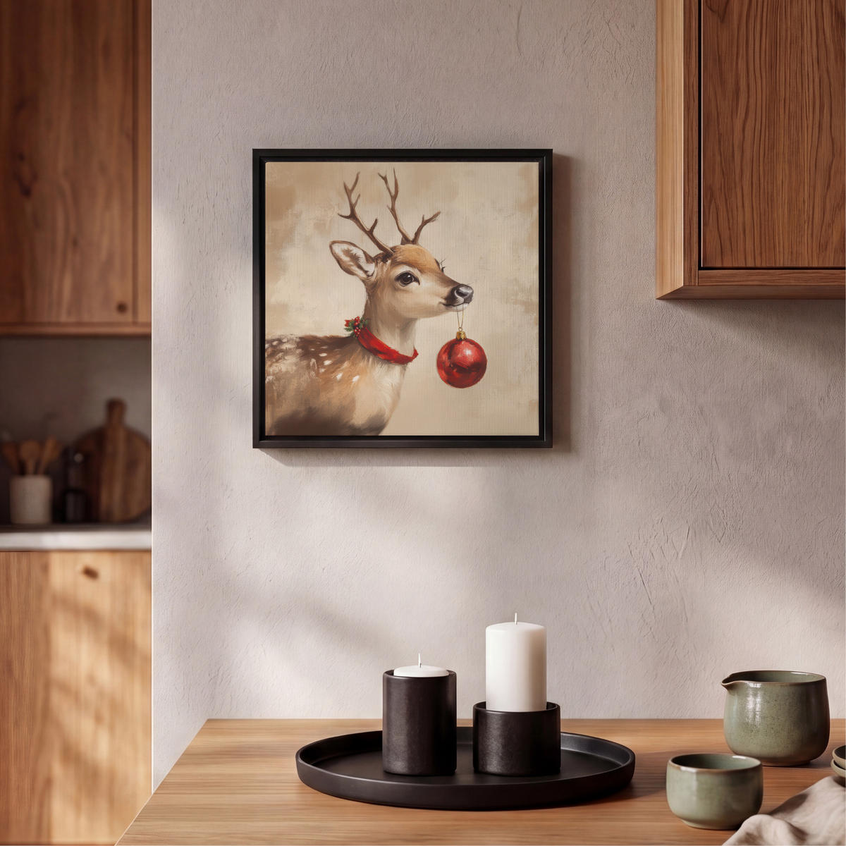 LEINWAND Bilder mit Rahmen - Weihnachten - Hirsch - Geweih - Weihnachtskugel - Rentier - 20x20 - Hellbraun, Textil (20/20cm) - MuchoWow
