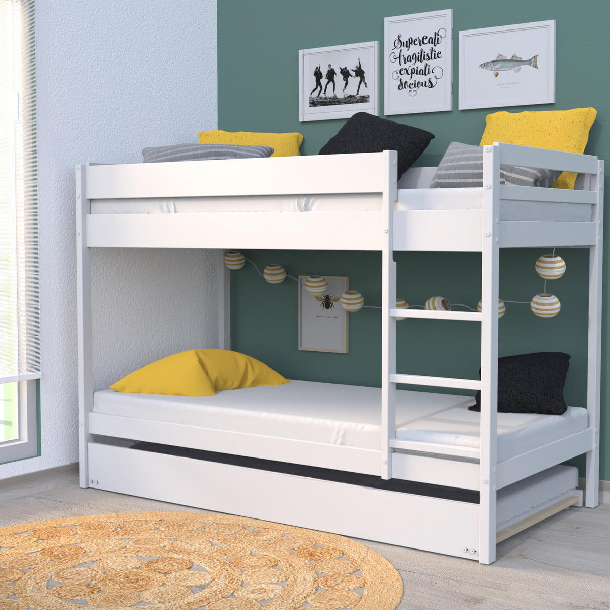 ETAGENBETT WALLY mit Schublade-Bett/ 3x 90x190 - Weiß - Weiß, Holz (90/190cm) - Weber Industries