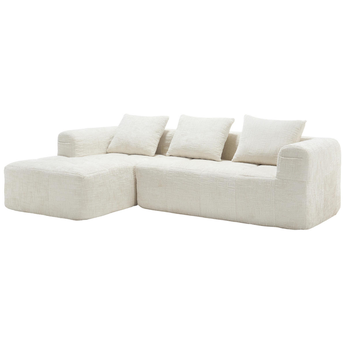 ECKSOFA 250/158/60 cm mit Chaiselongue, 3 Kissen und Seitentaschen, Chenille, Beige - Weiß, Textil (158/250cm) - Redom