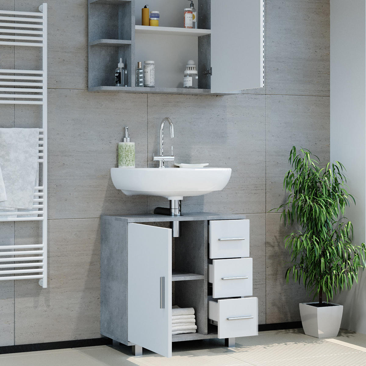 BADMÖBEL-SET Ilias Beton 2 Teile - Schieferfarben/Weiß, Holzwerkstoff (60/60.8/33cm) - Vicco