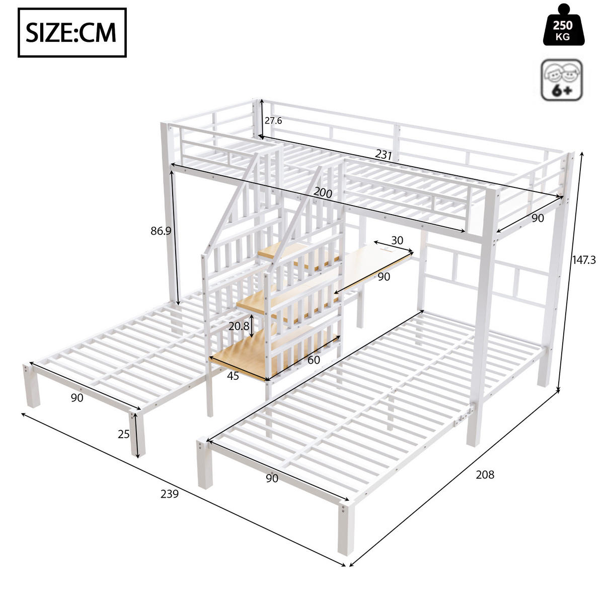 ETAGENBETT 90/200 cm mit 3 Schlafplätzen, LED, USB, Steckdose und Schreibtisch aus Metall/MDF, Weiß - Weiß, Metall (90/200cm) - Redom