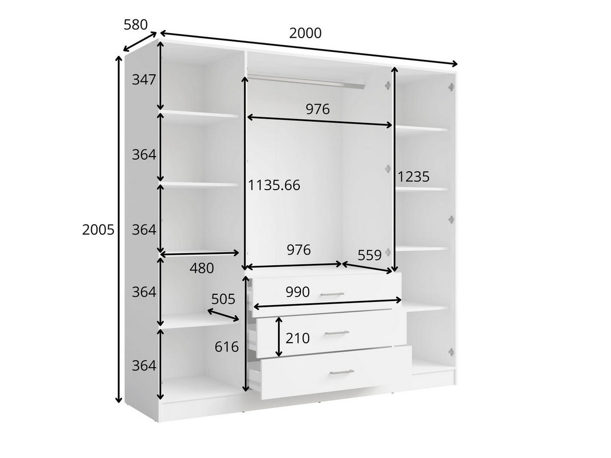 KLEIDERSCHRANK Weiß 200/200,5/58 - Weiß, Holzwerkstoff (200/201/58cm) - RAUMHIRSCH FURNITURE
