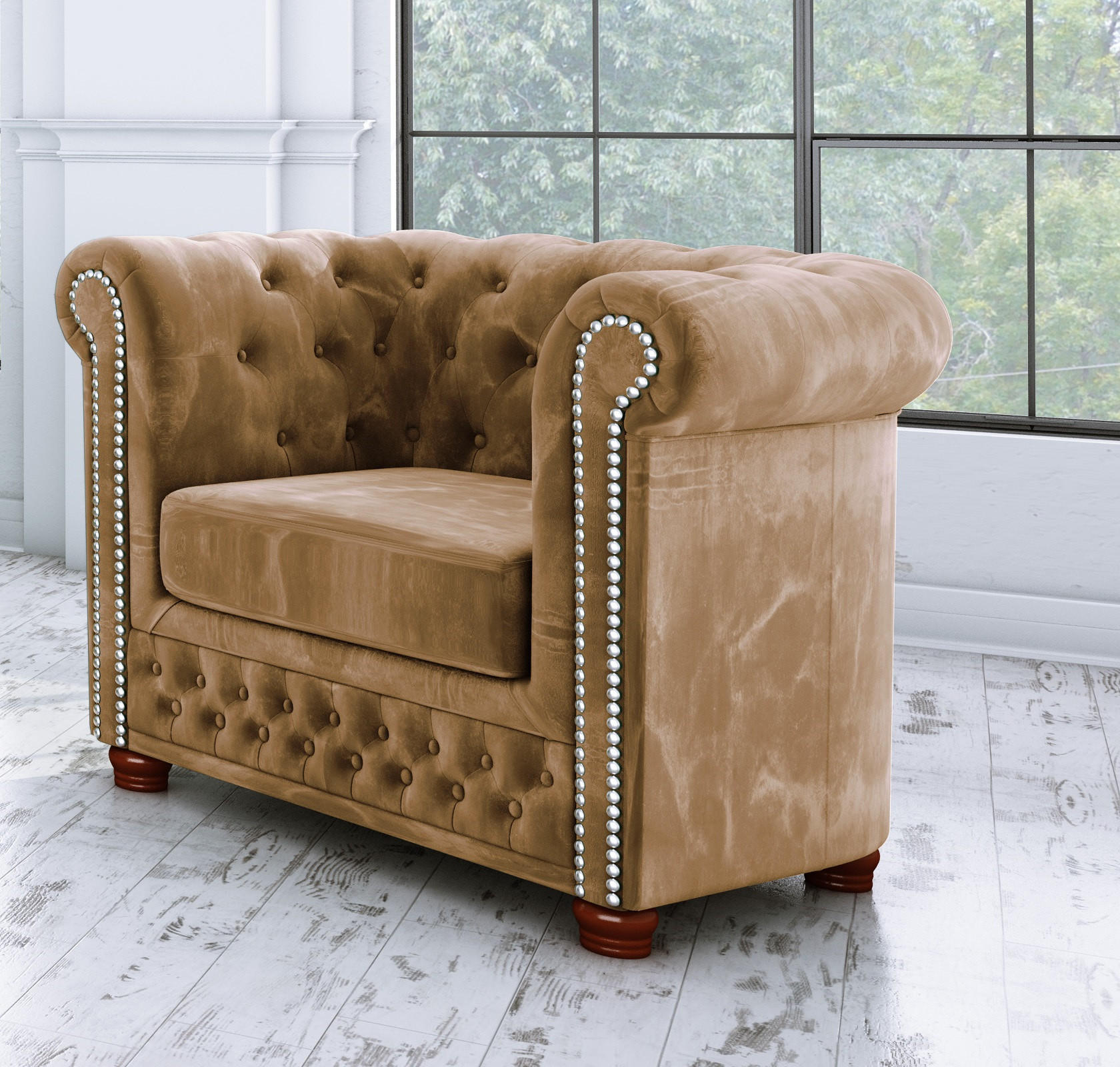 CHESTERFIELD-SESSEL Lauren Beige Samt - Beige/Braun, Holz/Textil (94/72/86cm) - S-Style Möbel