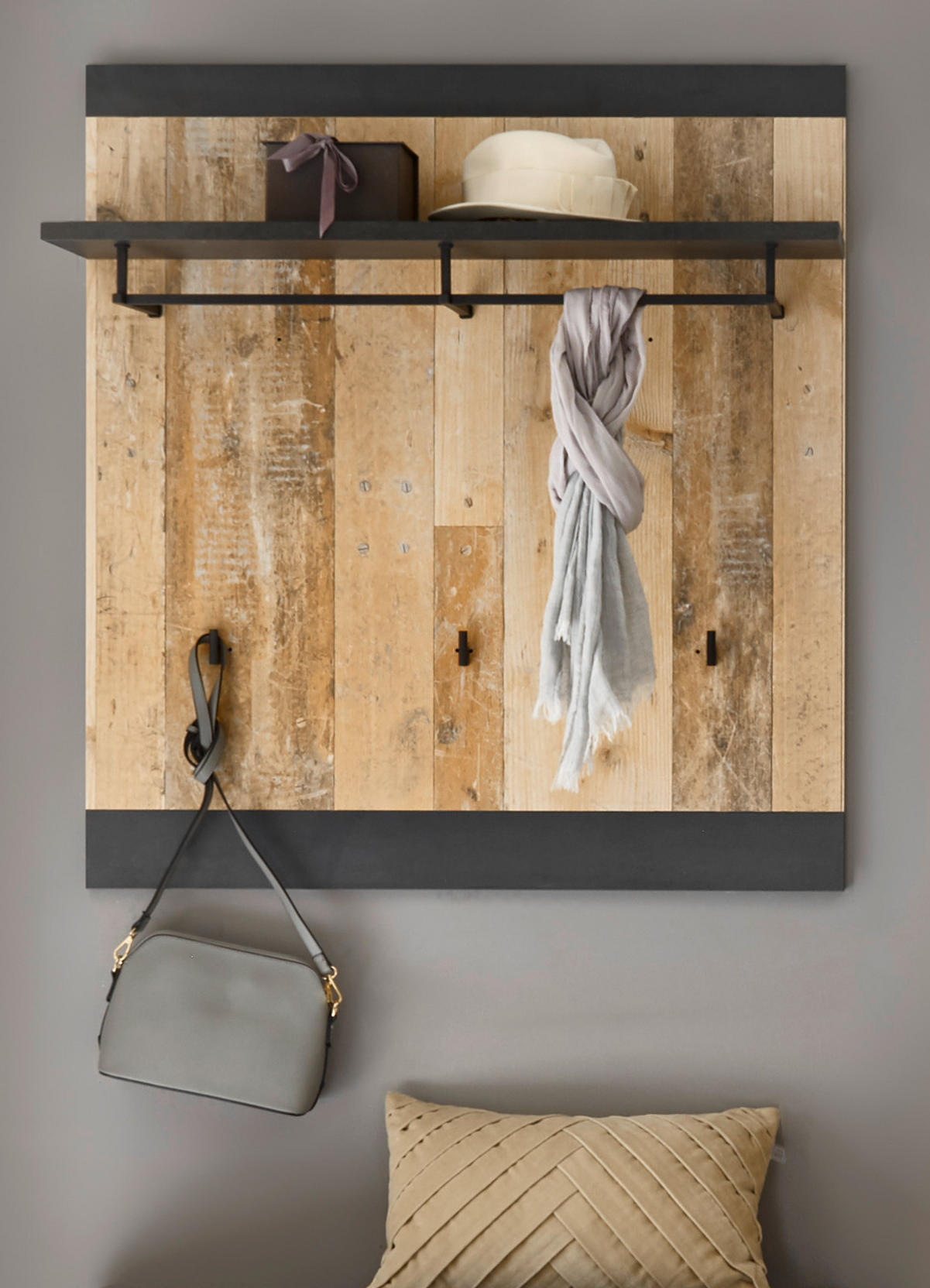GARDEROBENPANEEL Used Wood hell, anthrazit, Wandgarderobe 92 x 100 cm - Eichefarben/Anthrazit, Holzwerkstoff (92/100/26cm) - Furn.Design