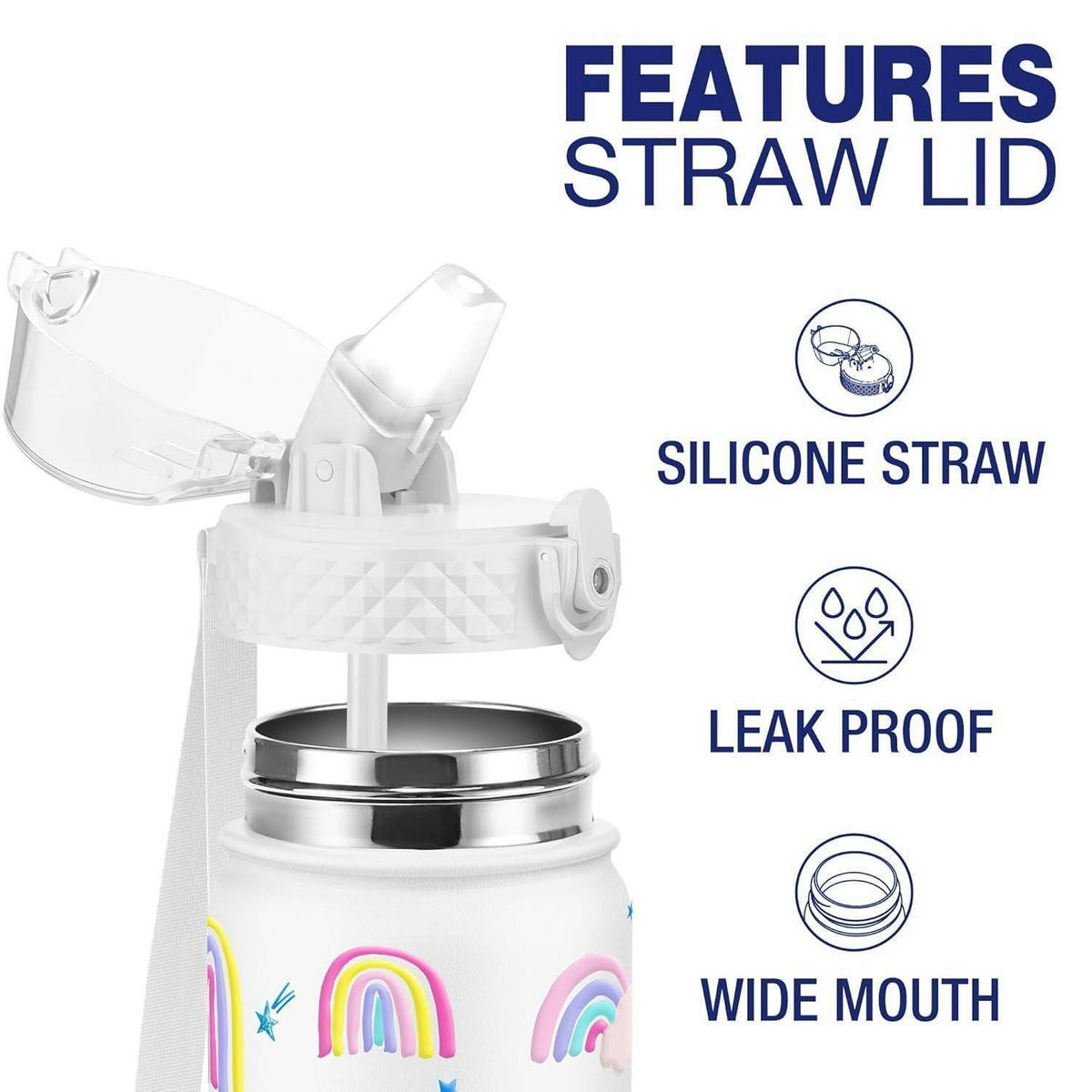 TRINKFLASCHE Kinder 550 ml Edelstahl mit Strohhalm und auslaufsicherem Deckel BPA-frei Weißer Regenbogen - Multicolor, Metall (7.5/7.5cm)