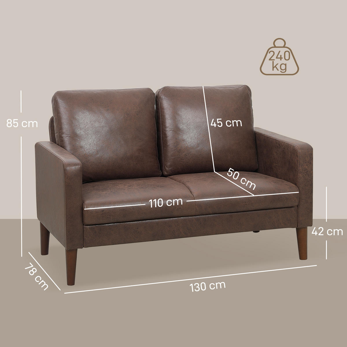 SOFA, 2-Sitzer, Lederoptik, Holzbeine, dunkelbraun, 130x78x85cm - Multicolor, Holzwerkstoff (130/85/78cm) - FORIOUS