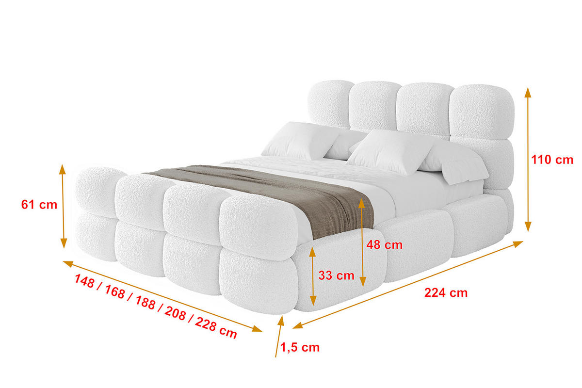 POLSTERBETT mit Bettkasten, Fußteil und Lattenrost, Boxbett ohne Matratze - NOMA-Z 140x200 Weiß - Weiß, Holzwerkstoff/Textil (140/200cm) - ALTDECOR