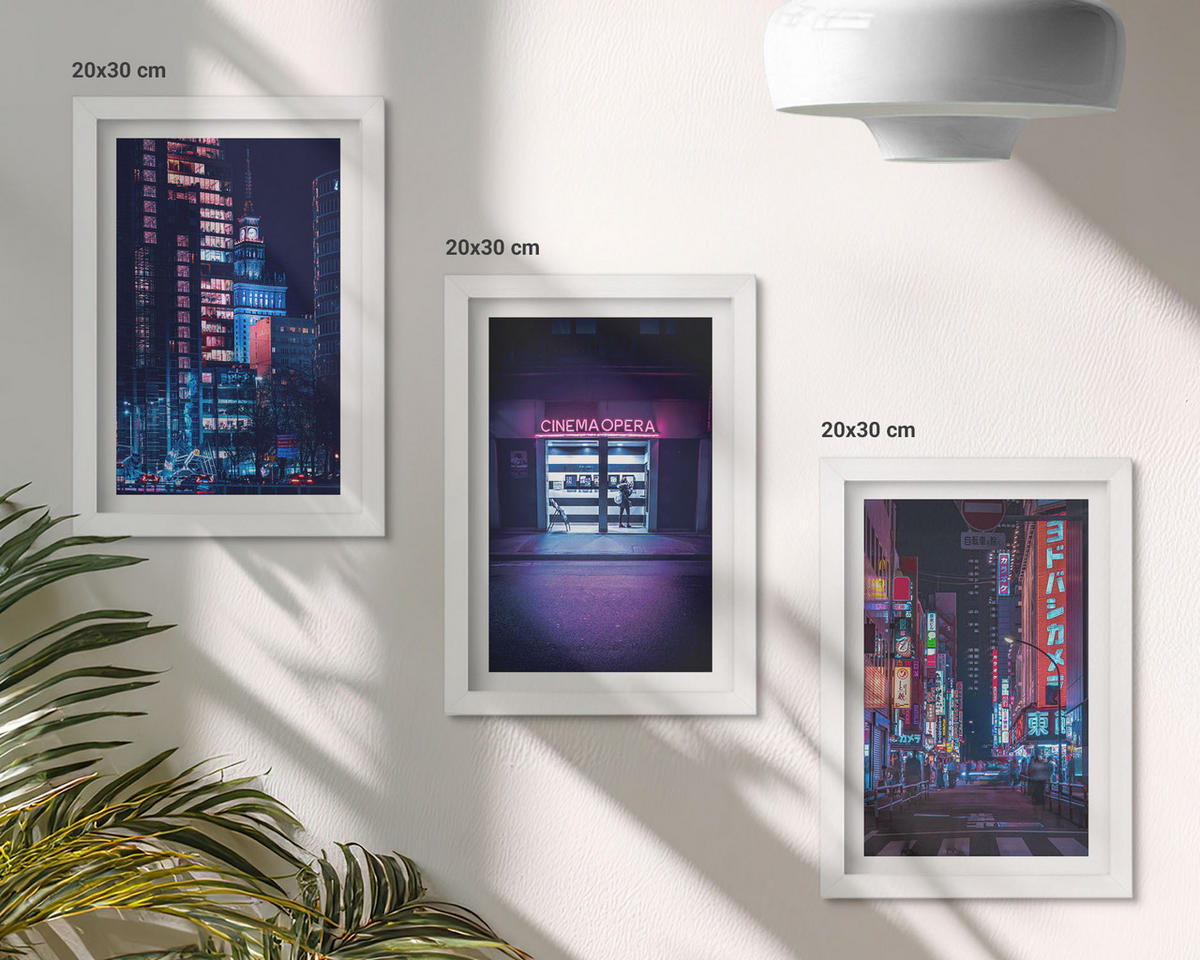 BILDER SET 3er Set - 20x30 cm Weißer Rahmen - Neon-Eingang zur nächtlichen Stadt - Weiß, Kunststoff (20/30cm) - TULUP
