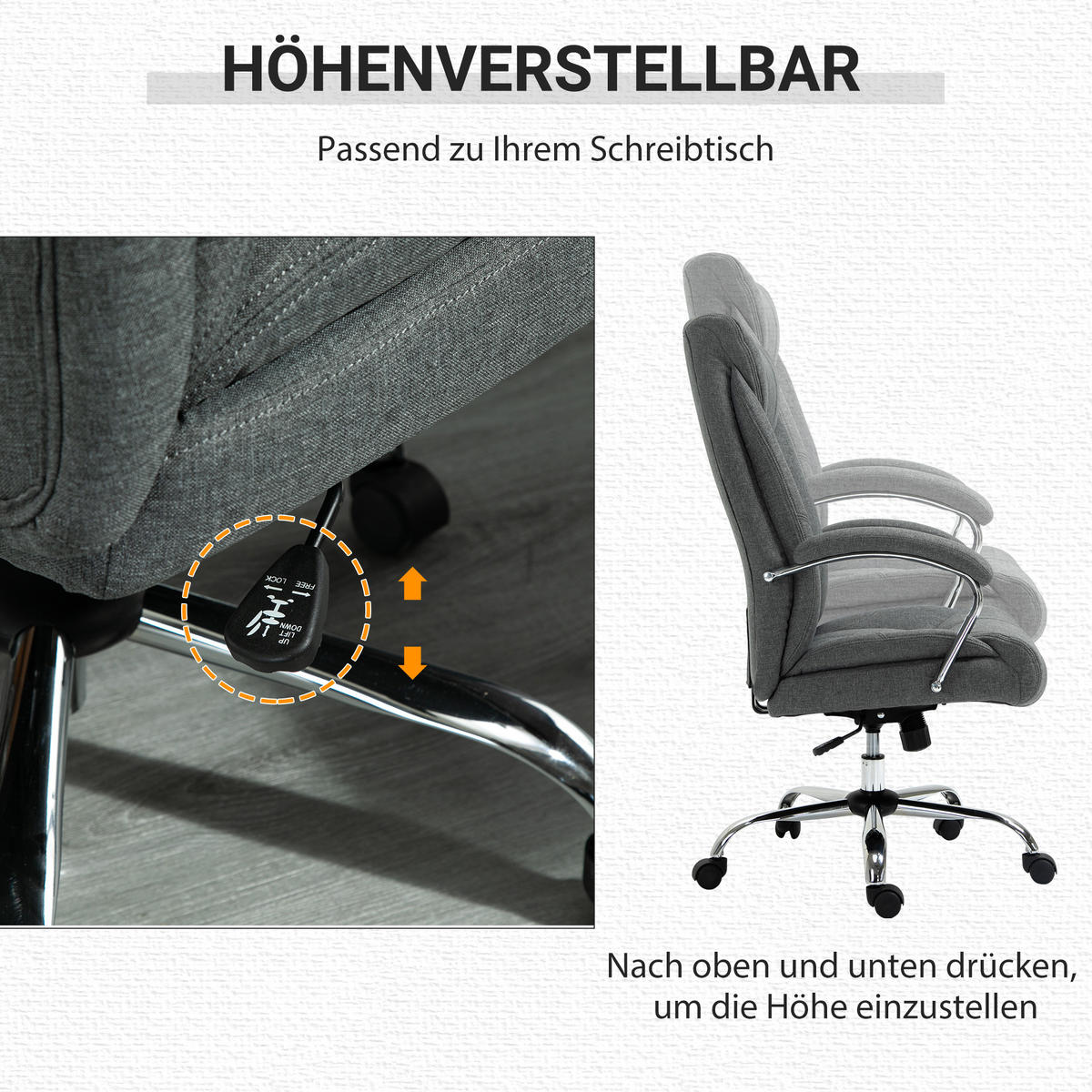 BÜROSTUHL mit Wippfunktion Höhenverstellbarer Schreibtischstuhl Drehstuhl Stahl - Grau, Kunststoff (78/118/65cm) - Vinsetto