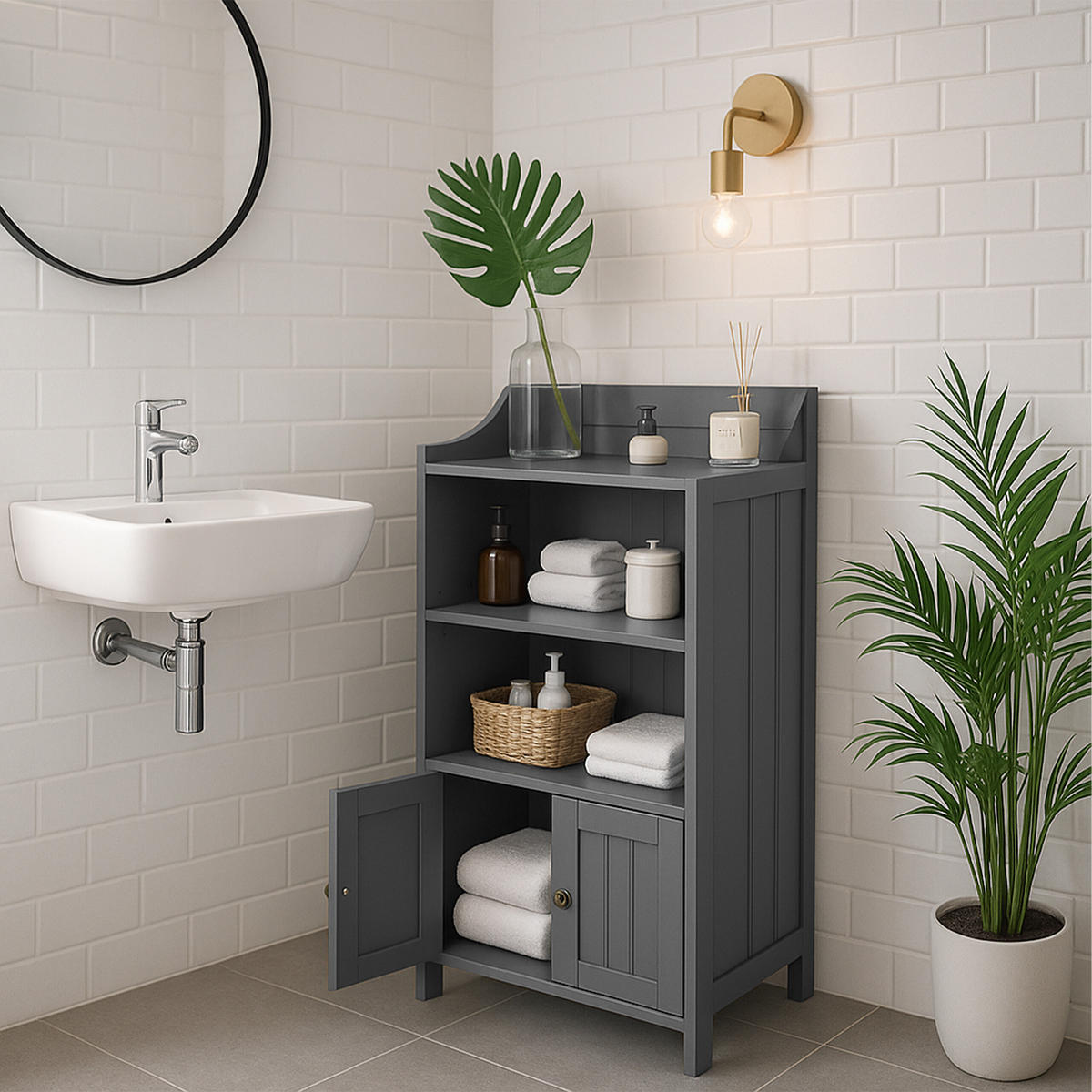 BADEZIMMERSCHRANK - Grau, Holzwerkstoff/Metall (40.5/86/36cm) - Relaxdays