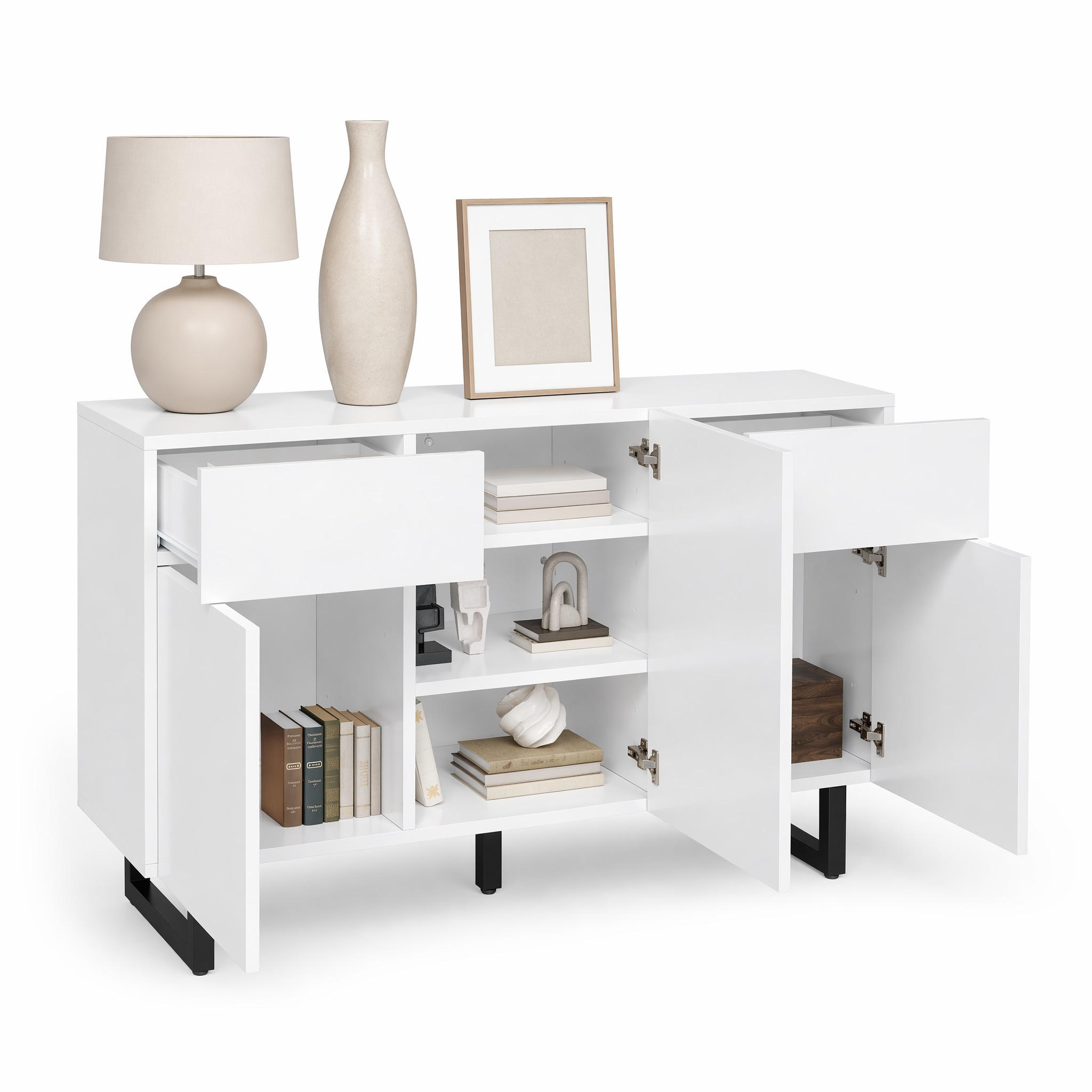 KUCHYŇSKÁ SKŘÍŇ v bílé barvě, moderní komoda s velkým úložným prostorem, zásuvkami, dvířky a kovovými nohami, 120 × 40,5 × 75 cm - bílá/černá, kov/kompozitní dřevo (120/75/40.5cm) - STILVORA