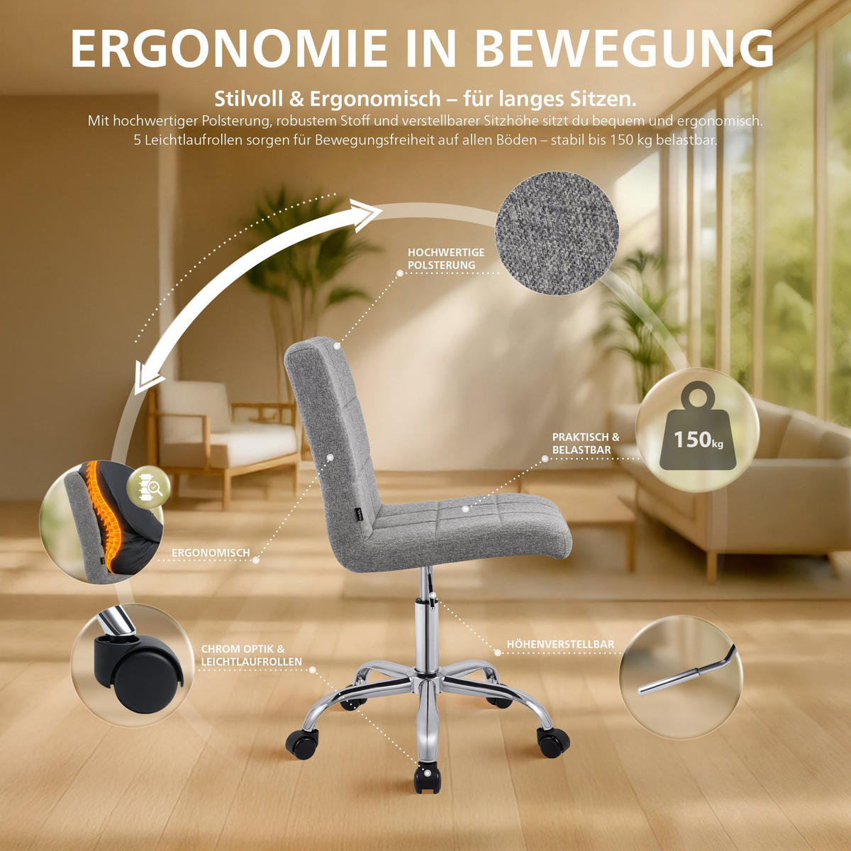 DREHSTUHL Stoff Grau - Chromfarben/Grau, Textil/Metall (47/93/56cm) - CLP