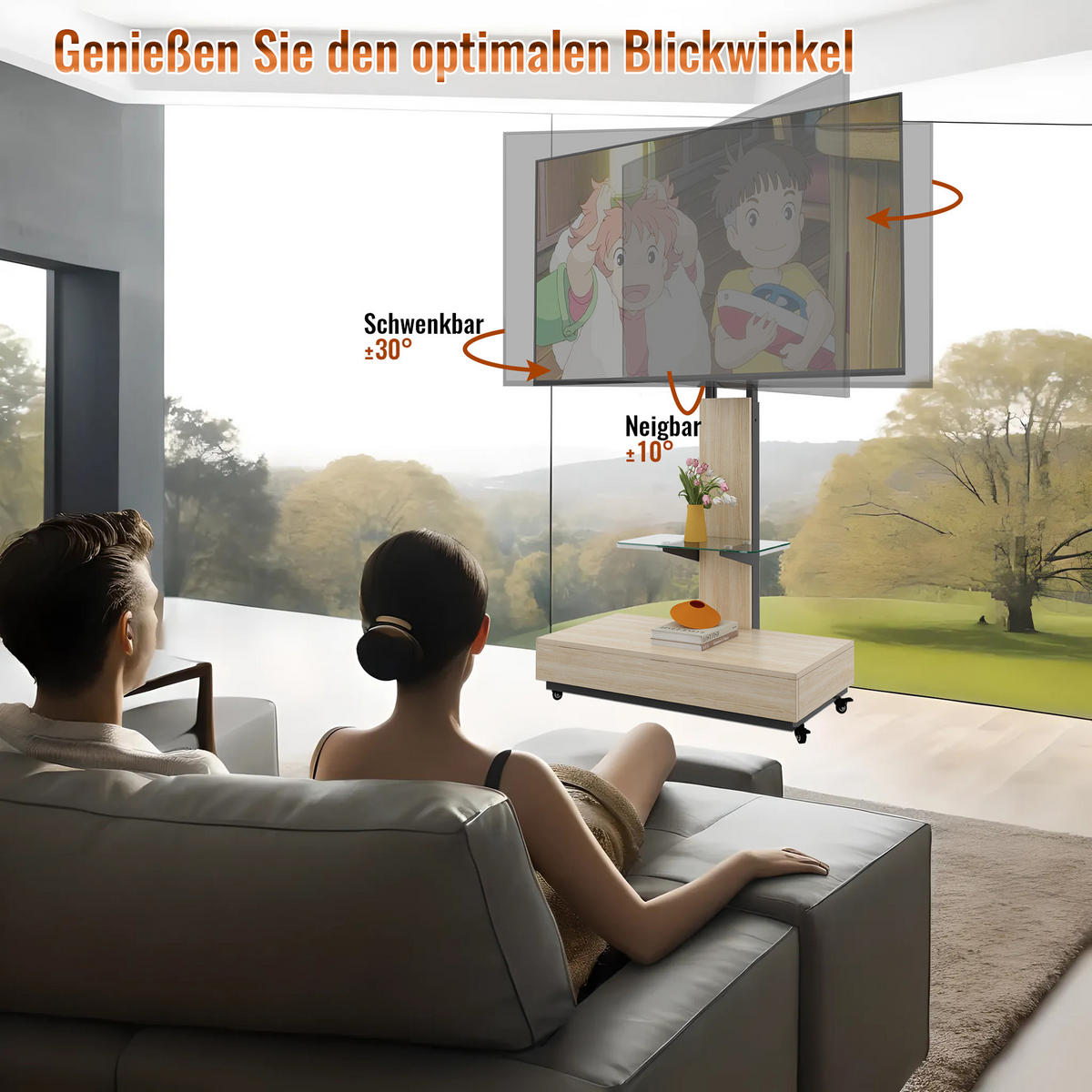 TV-HALTERUNG auf Rollen für 32–75 Zoll – höhenverstellbar & schwenkbar - Hellbraun, Holzwerkstoff (80/150/40cm) - BEAOK