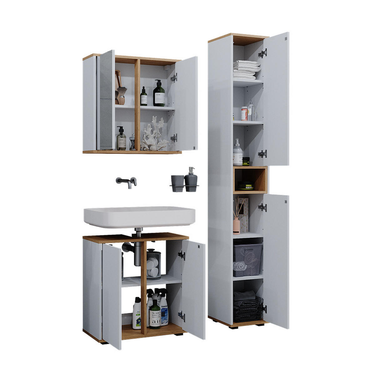 BADMÖBEL-SET Didi Weiß/Artisan 3 Teile mit Hochschrank - Weiß/Eiche Artisan, Holzwerkstoff (60/62/30cm) - Vicco