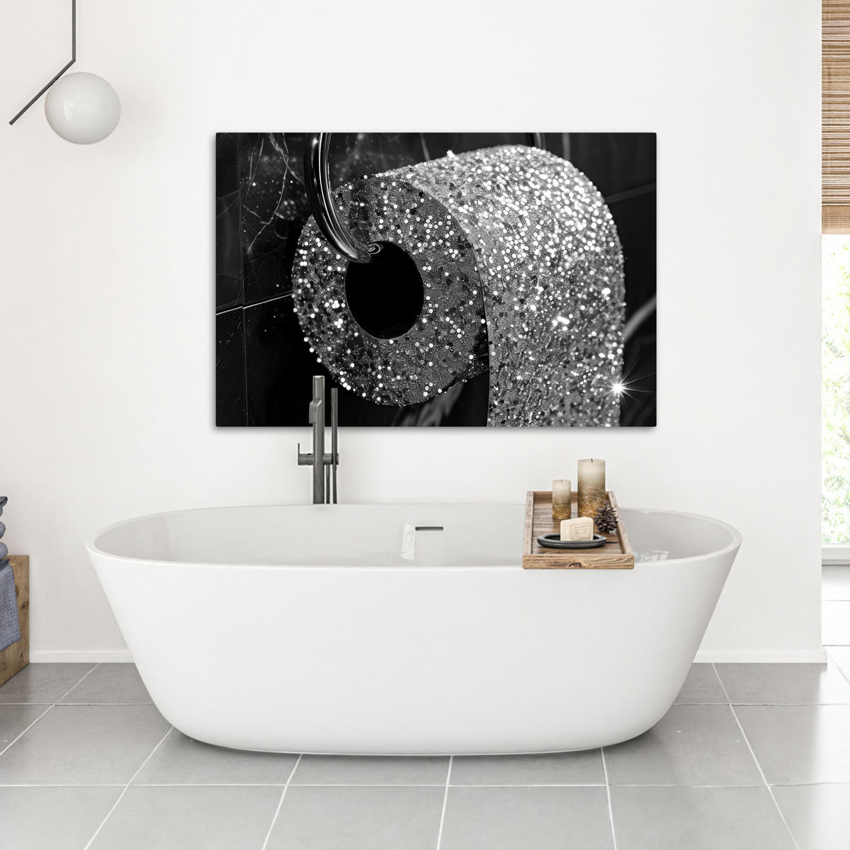 LEINWANDBILD WC - Toilettenpapier - Schwarz und weiß - Glitter Wohnzimmer 120x80 cm - Silberfarben, Textil (120/80cm) - MuchoWow