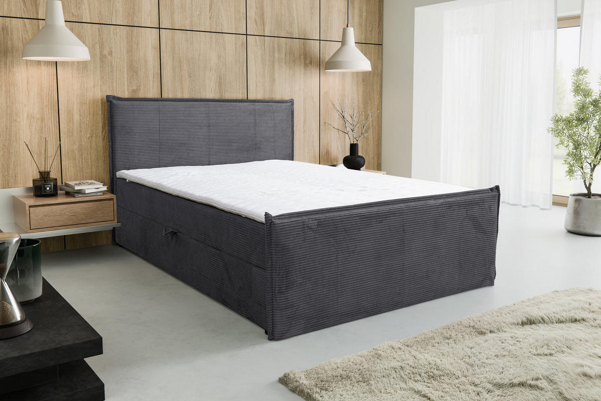BOXBETT Vanessa mit 2 Bettkästen, 180x200, Farbe: Grau, Cordstoff, mit Bonell-Matratze inkl. Topper - Grau, Holz/Kunststoff (180/200cm) - VENASI MÖBEL