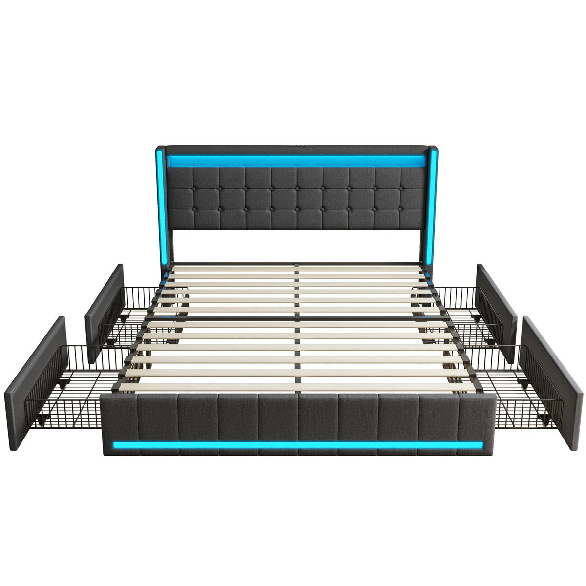 POLSTERBETT 140x190 cm mit LED, USB-Anschluss, 4 Schubladen und Flügelkopfteil, grau - Grau, Holz (140/190cm)