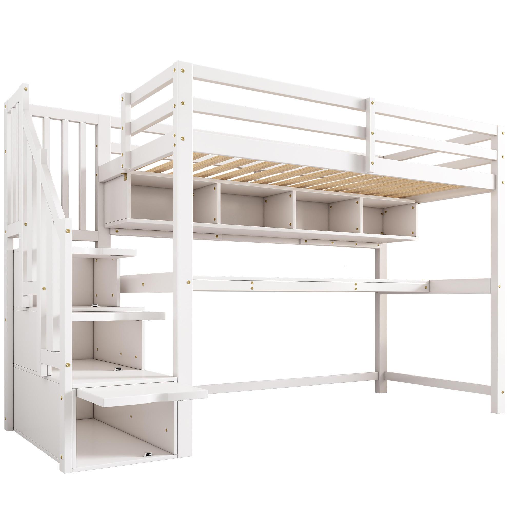 HOCHBETT 90/200 cm DE-02555, mit Stauraumtreppe, Schreibtisch und Regalen, in Weiß - Weiß, Holz/Holzwerkstoff (90/200cm) - ComfortXL