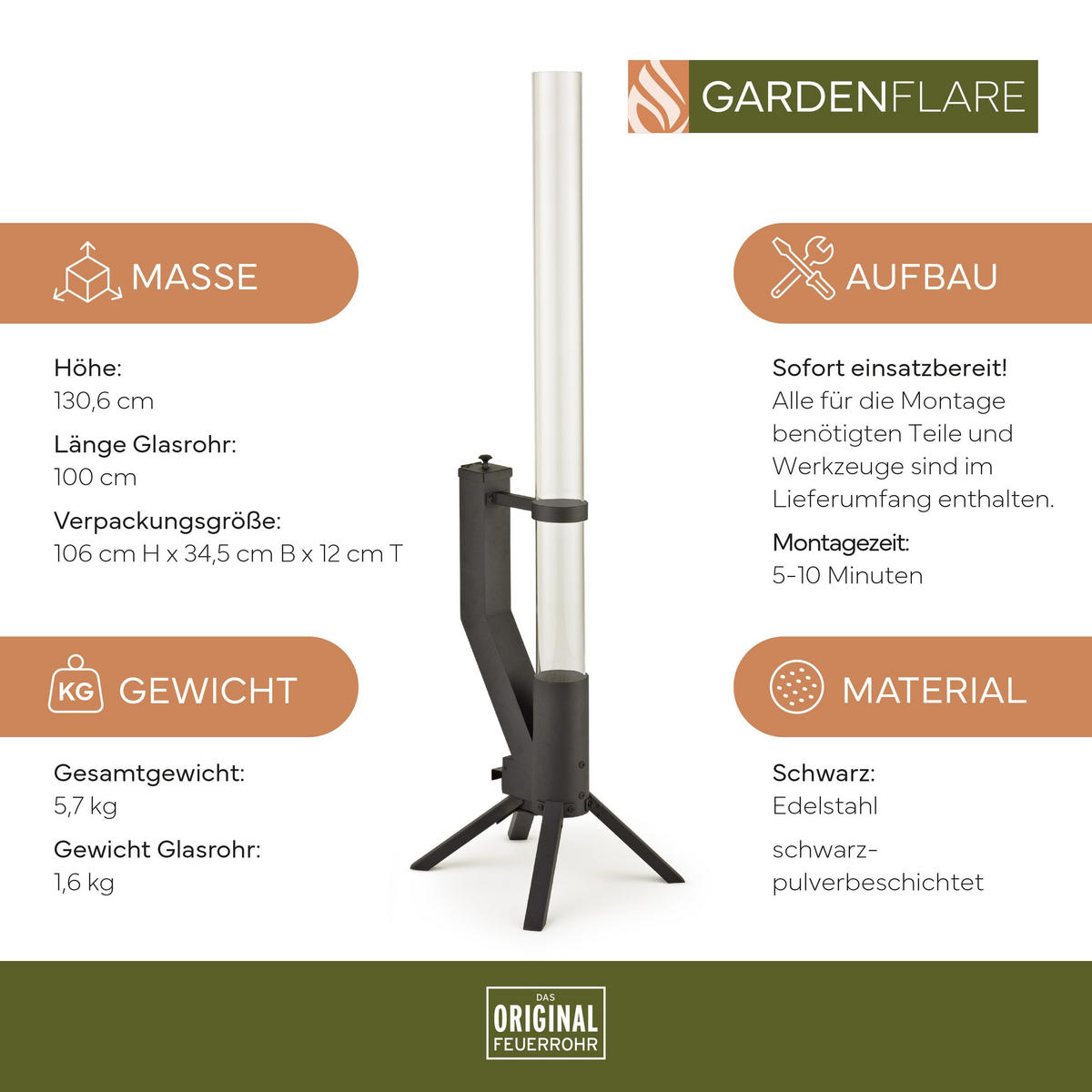 FEUERROHR – elegante Edelstahl Feuersäule und Pelletfackel - schwarz - Schwarz, Metall (36/130.6/35cm) - Gardenflare