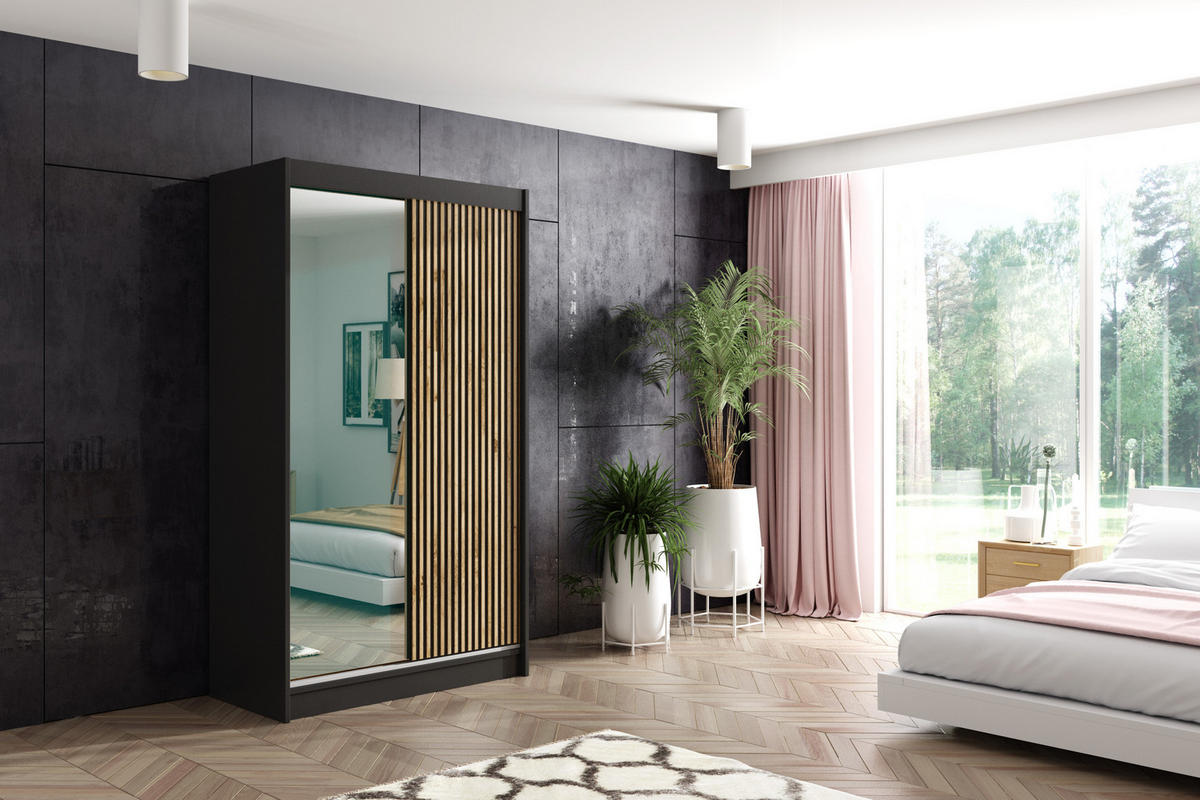 KLEIDERSCHRANK VILAN mit Spiegel/LED - 120 cm - Schwarz|Eiche Wotan - Eiche Wotan/Schwarz, Holzwerkstoff (120/215/61cm) - ALTDECOR
