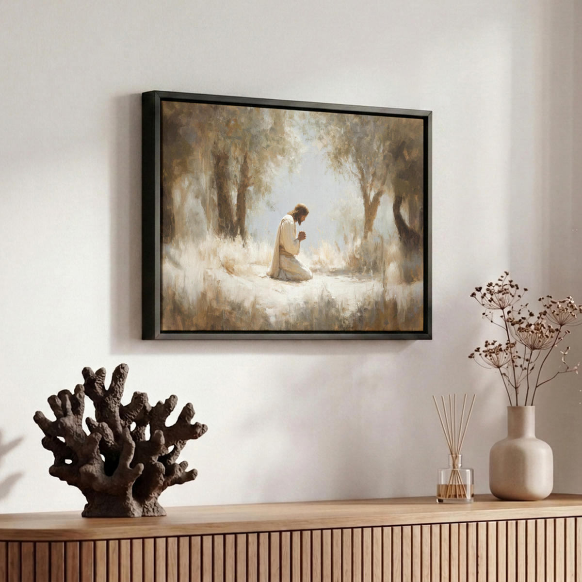 LEINWAND Bilder mit Rahmen - Jesus - Kniend - Waldlandschaft - Betend - 30x20 - Beige, Textil (30/20cm) - MuchoWow