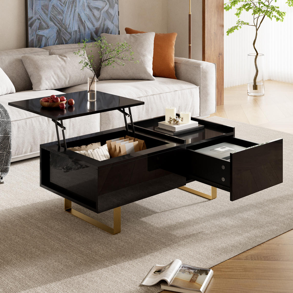 KONFERENČNÍSTOLEK MDF Lesklý Zvedací Zásuvka Černý - černá, kompozitní dřevo (50/100/54.5cm) - FLIEKS