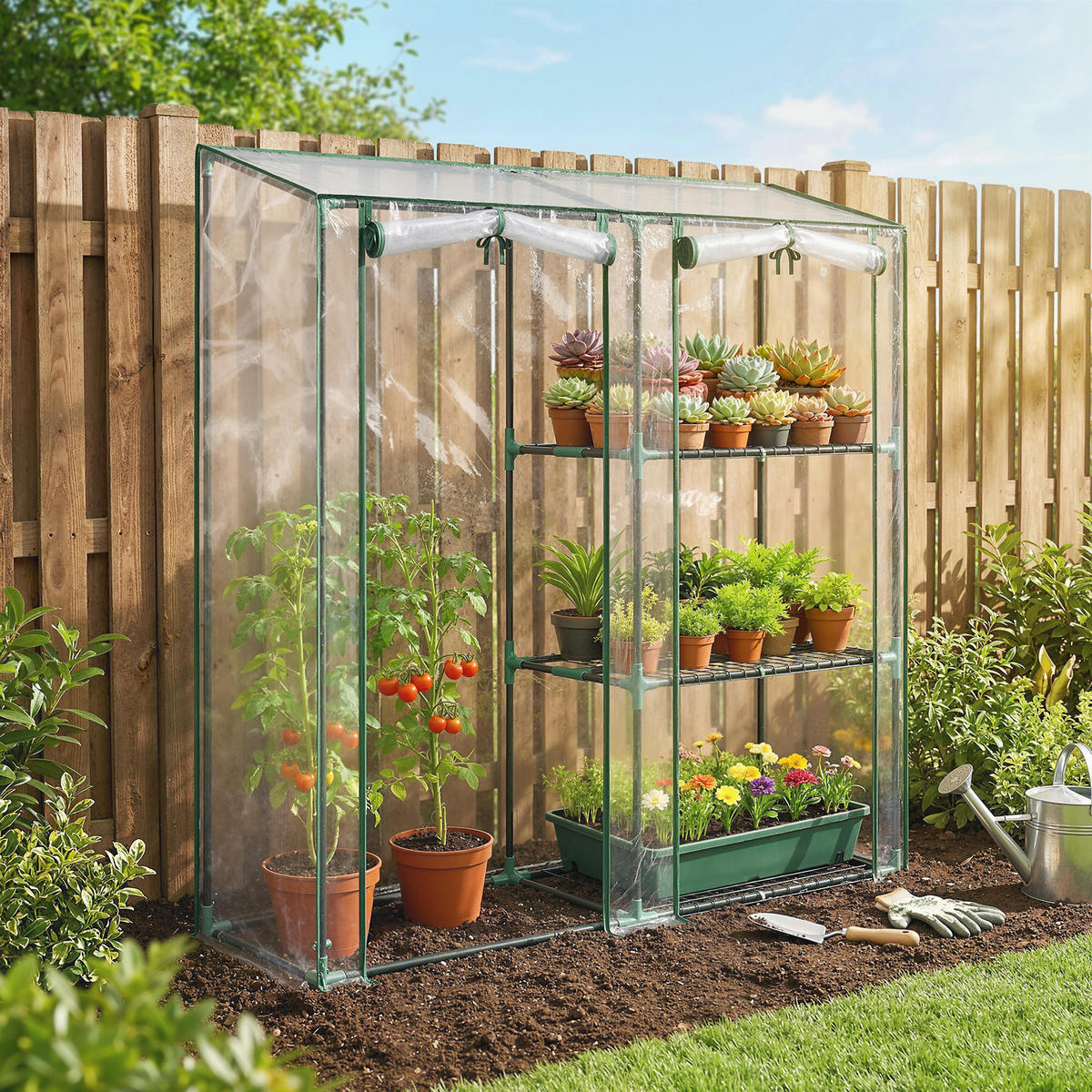 GEWÄCHSHAUS DE-12090 mit 3 Etagen & 2 Rolltüren Transparent - Transparent, Kunststoff (45/151/143cm) - ComfortXL