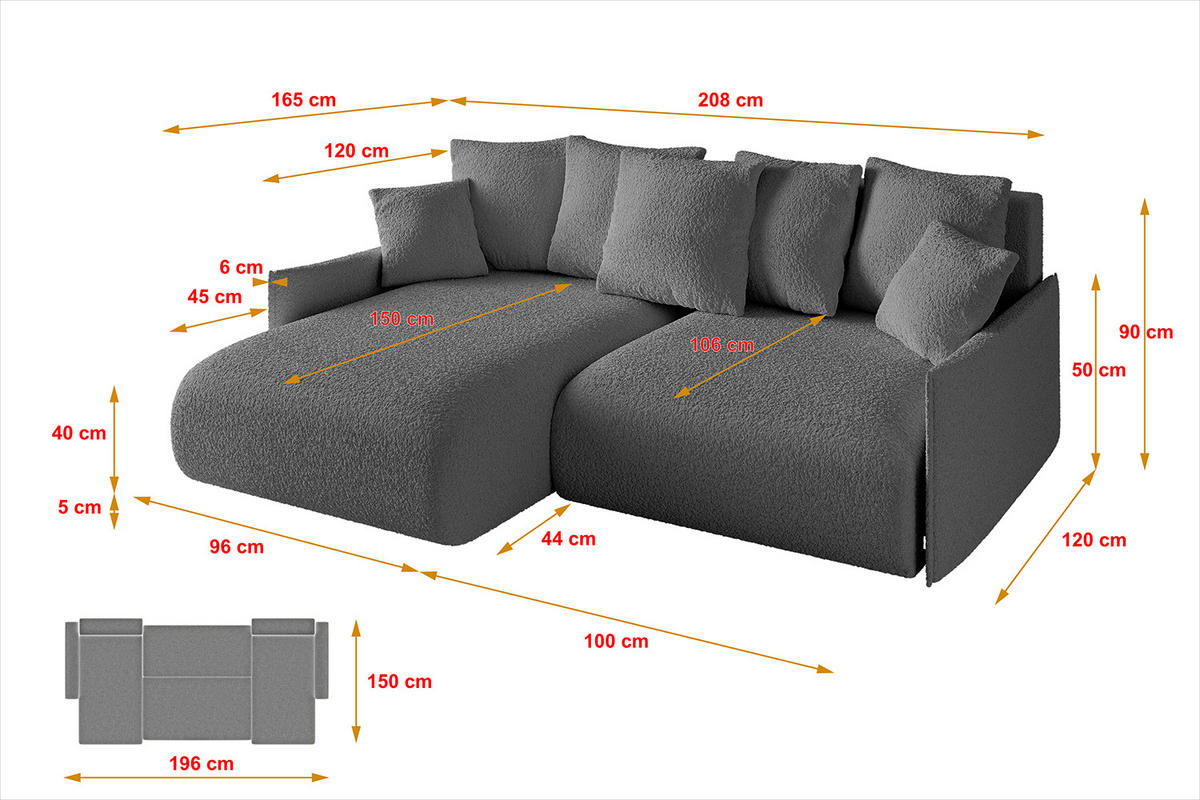 ECKSOFA mit Schlaffunktion und Bettkasten ONESK-L -v1 208x165x40 Grau Bouclé - Grau, Holzwerkstoff/Kunststoff (208/165cm) - ALTDECOR