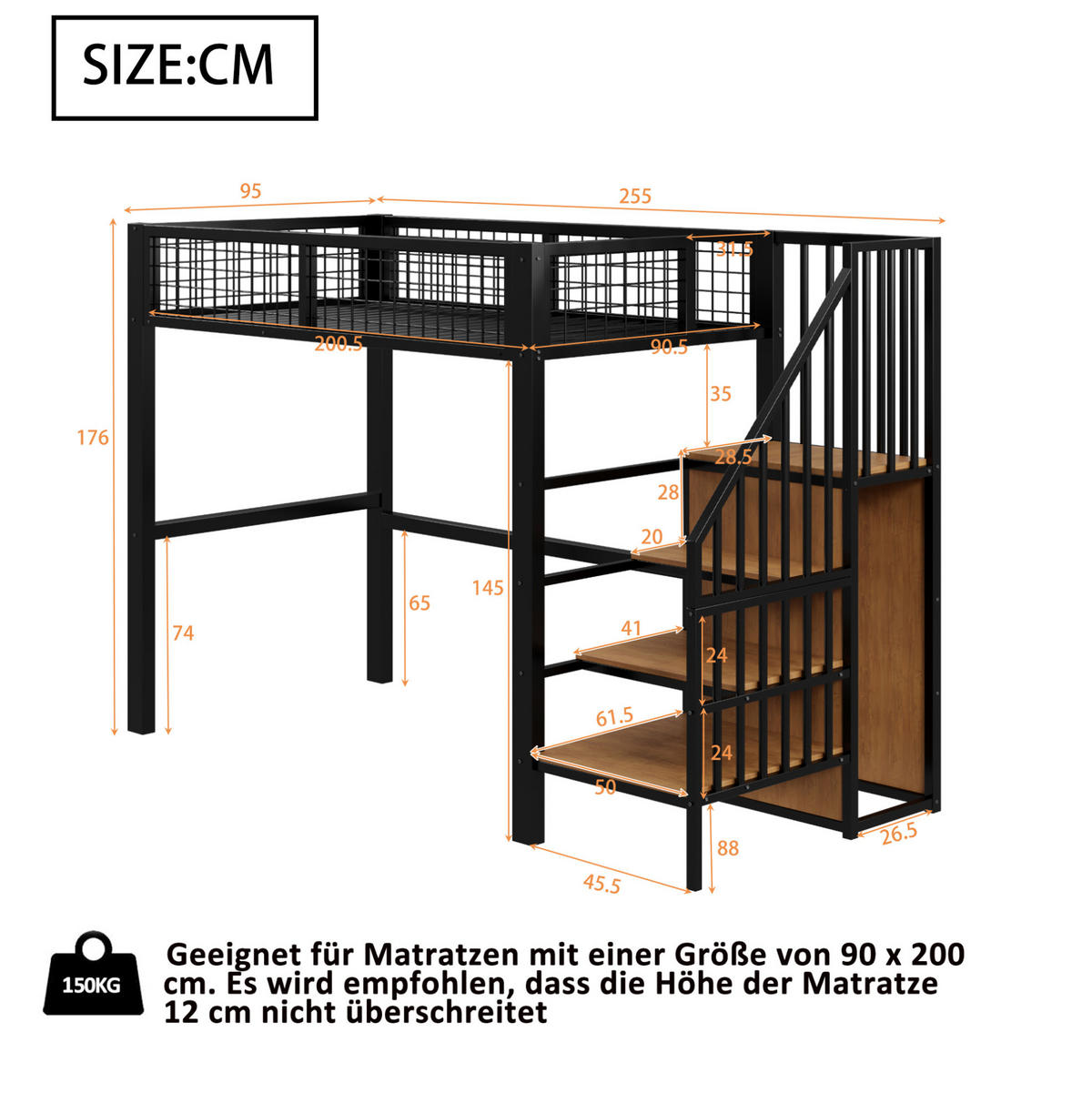 HOCHBETT 90/200 cm Schwarz aus Metall mit Leiter und Kleiderschrank - Schwarz, Metall (90/200cm) - OKMYHOME