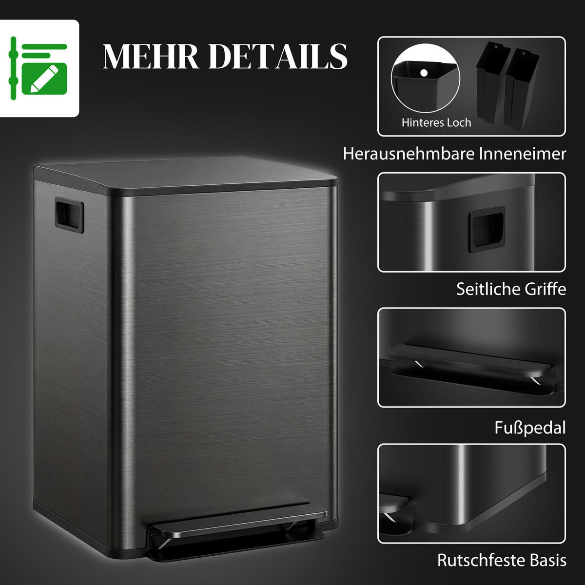 MÜLLEIMER DE-08931 2x30 L, Soft-Close, Mülltrennung Schwarz - Schwarz, Metall (37.5/66.8/47.7cm) - ComfortXL