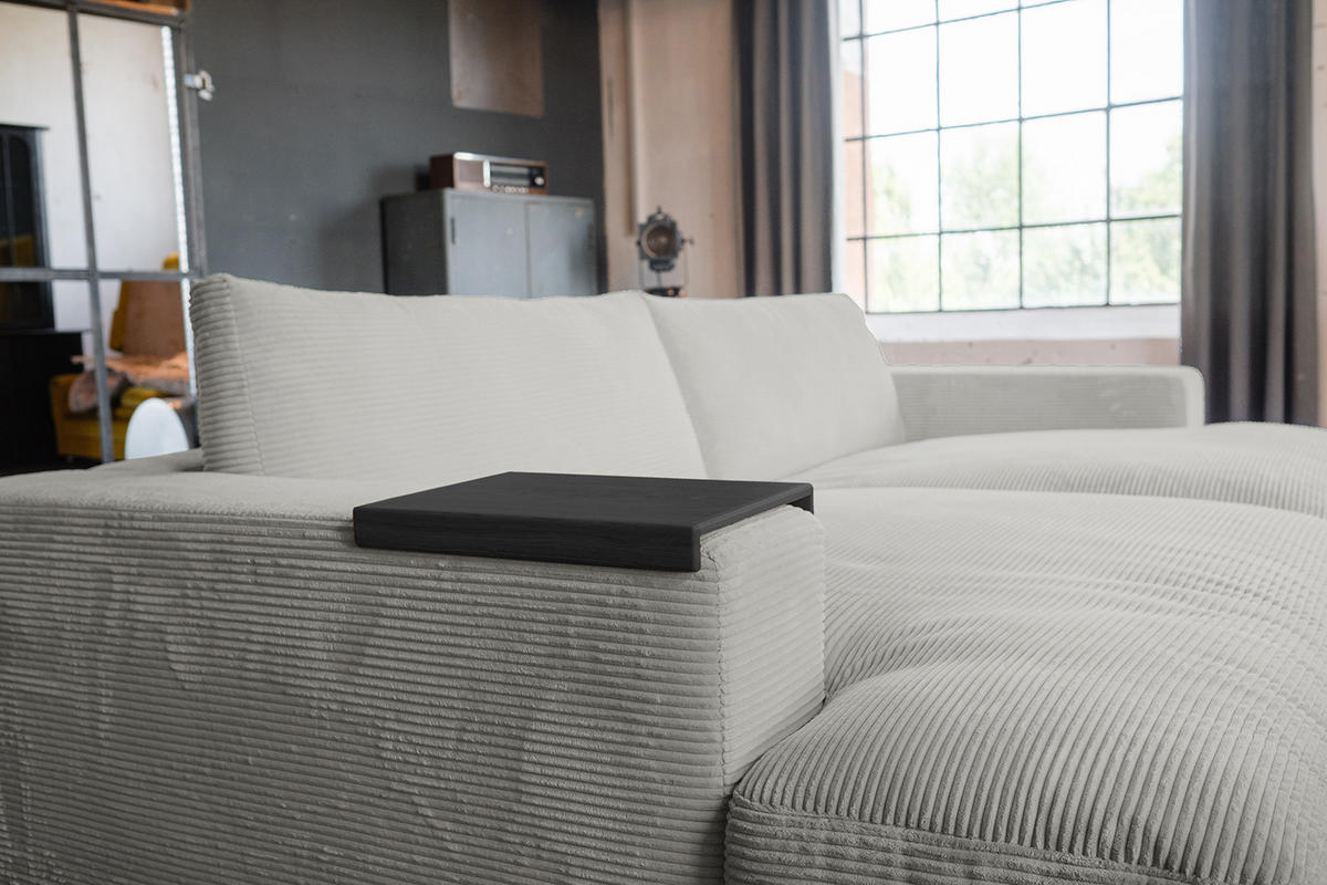 BIG SOFA-SET MIT TABLETT SCHWARZ MADELINE Hellgrau Cord - Hellgrau/Schwarz, Kunststoff/Textil (290/85/170cm) - KAWOLA