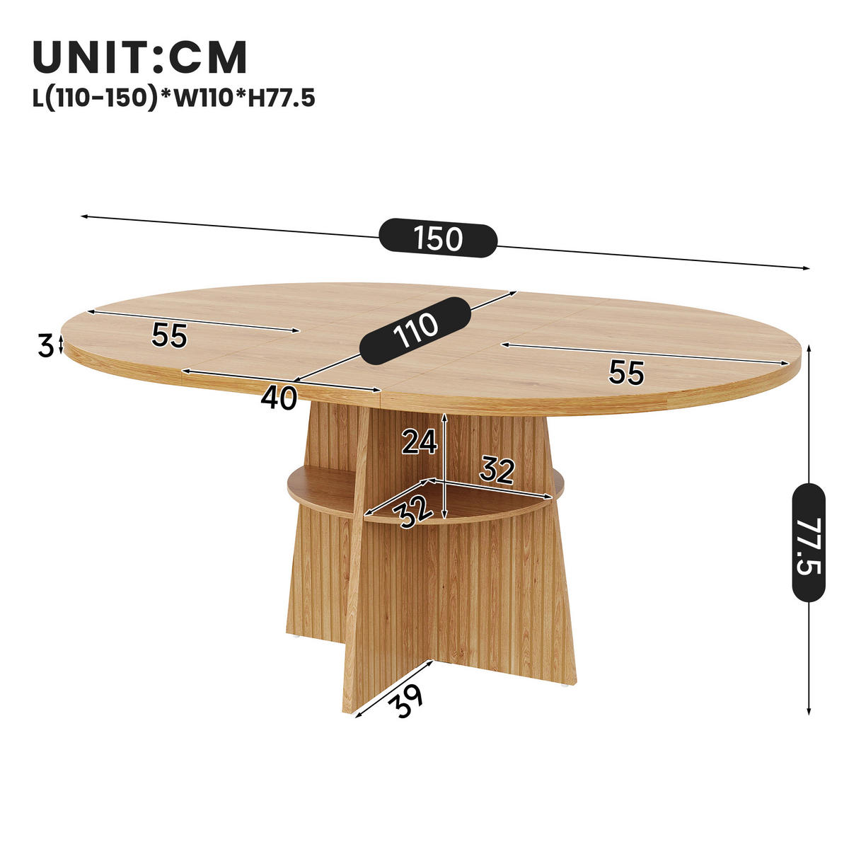 ESSTISCH ausziehbar 110-150 cm mit Ablagefläche DE-39851 Natur - Naturfarben, Holzwerkstoff (110/110/77.5cm) - ComfortXL
