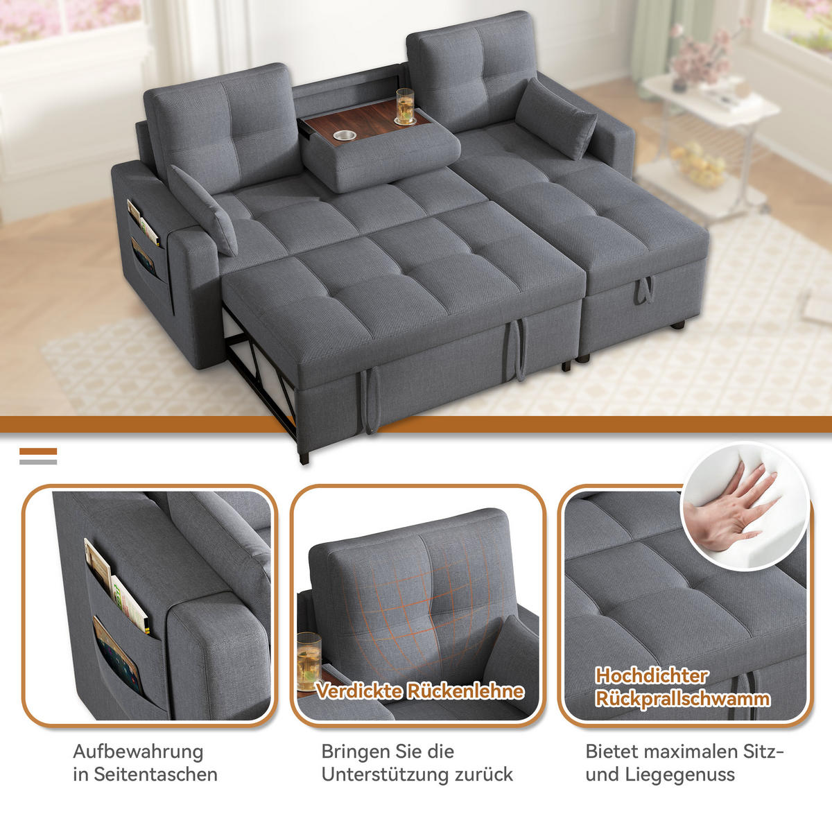 ECKSCHLAFSOFA Leinen Grau mit Stauraum, Schlaffunktion und Getränkehalter - Grau, Holzwerkstoff/Kunststoff (211/136cm) - WISHDOR