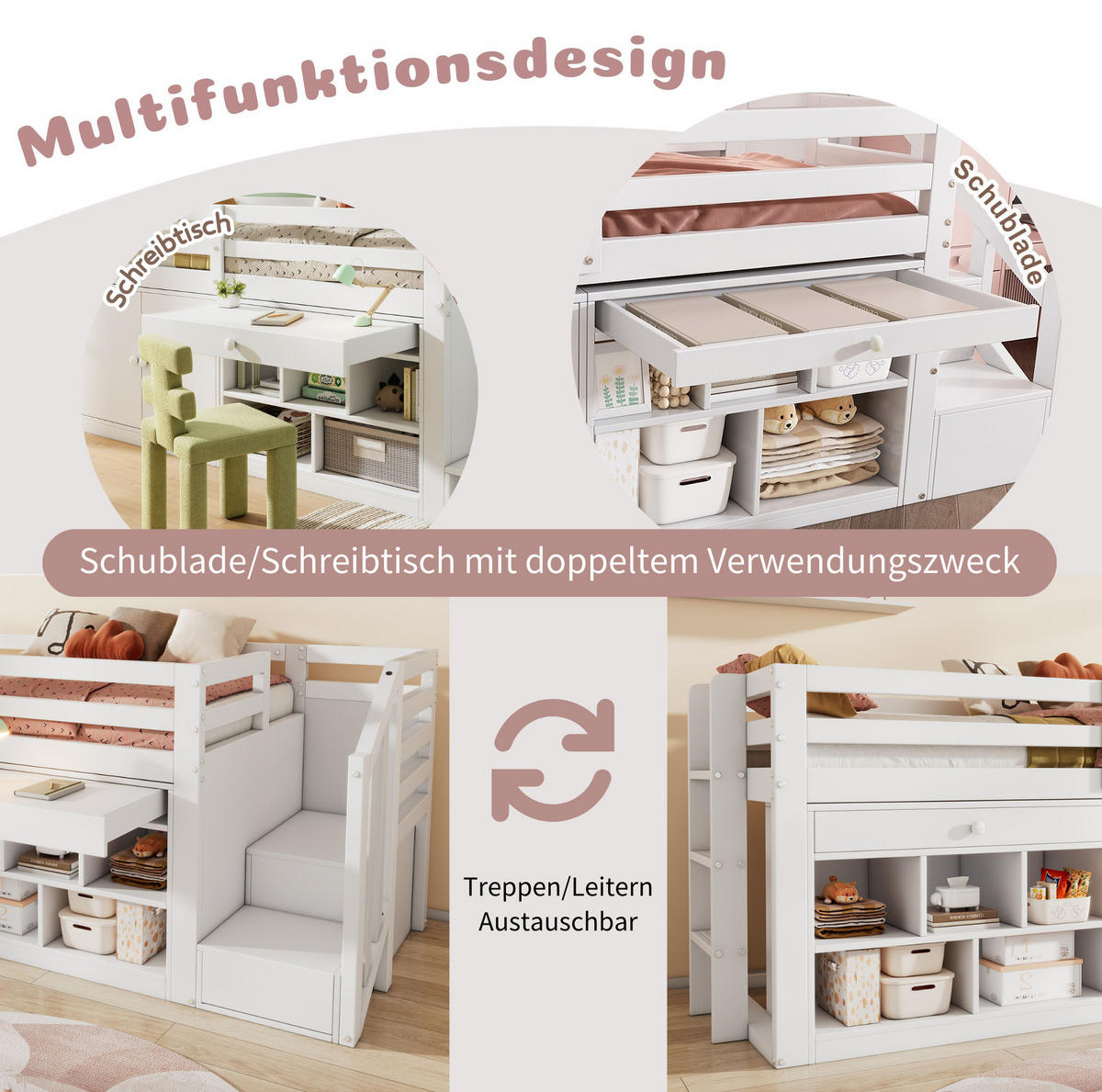 KINDERBETT 90/200 cm mit Treppe, Stauraum und Schreibtischfunktion, Massivholz, Weiß - Weiß, Holz (90/200cm) - Redom