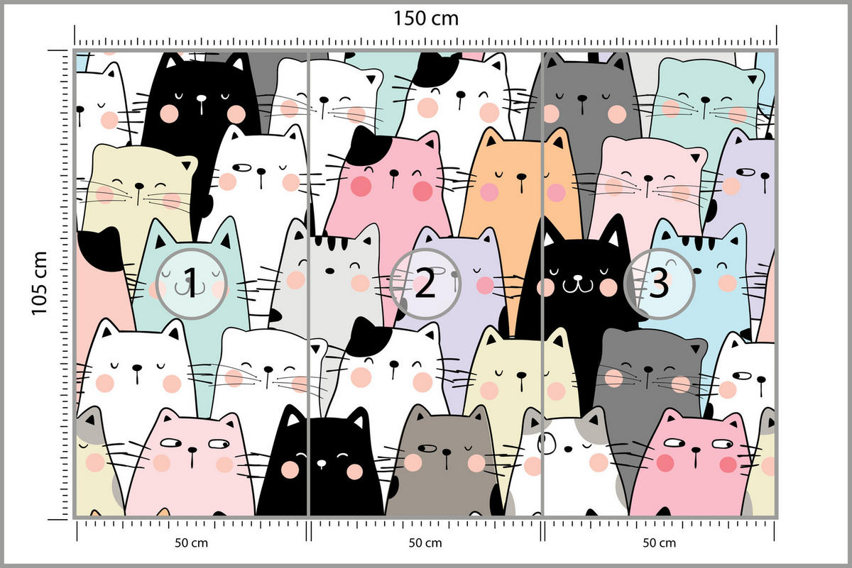 FOTOTAPETE für Kinderzimmer Bunte Katzen Cartoon Abstraktion 150x105 - Blau/Gelb, Papier (150/105cm) - Muralo