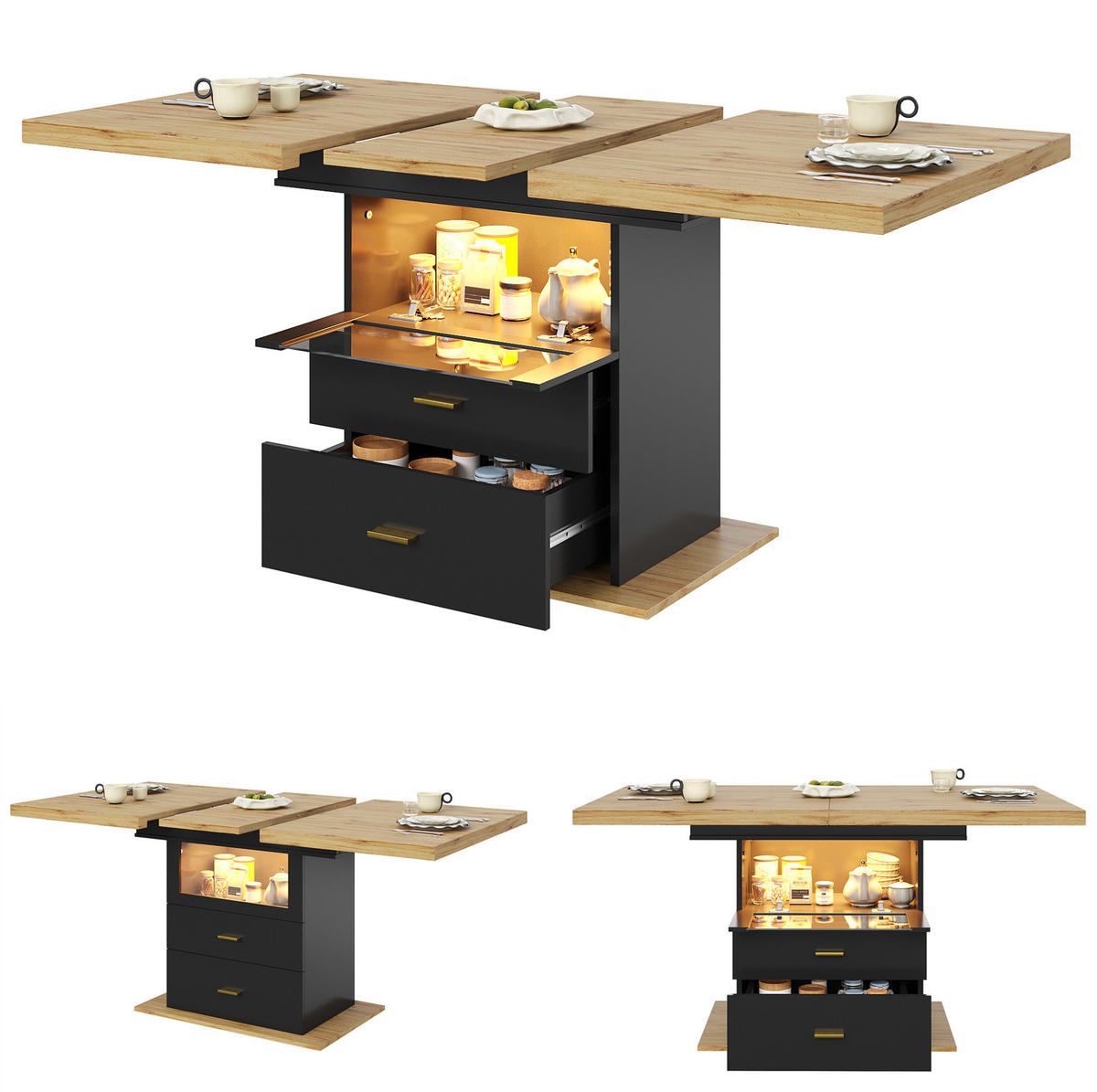 ESSTISCH 110/140/80 cm in Holzoptik mit 2 Schubladen und LED-Beleuchtung - Naturfarben, Holzwerkstoff (140/80/75cm) - Flora Grace