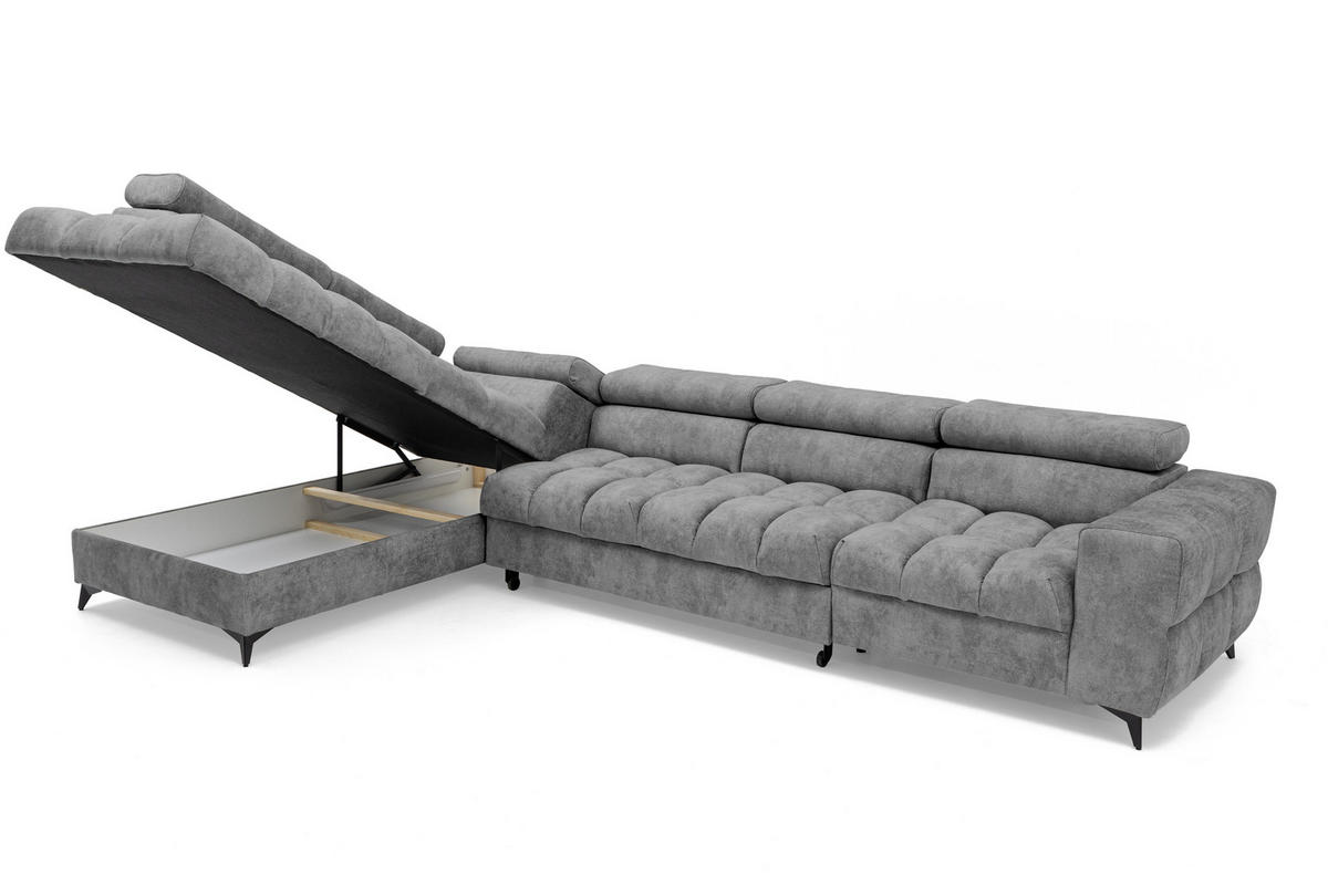 ECKSOFA PUDDING MAXI L Rechts mit Schlaffunktion 125x195 Velours Grau - Schwarz/Grau, Holz/Textil (203/350cm) - Muffo