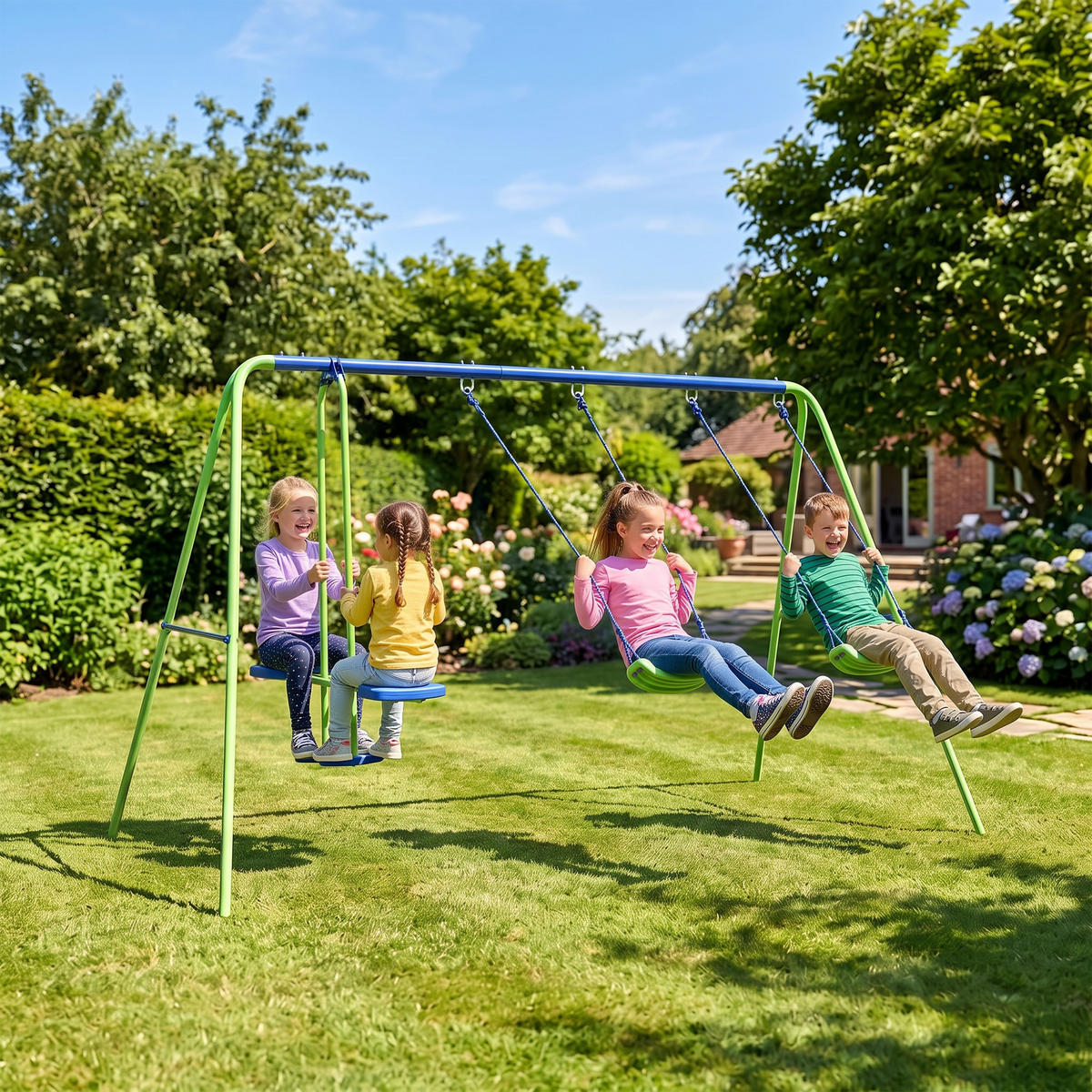 SCHAUKELGESTELL, Outdoor-Schaukelgerüst mit 2 Schaukeln, 1 Wippe, Grün - Grün, Metall (140/280cm) - Outsunny