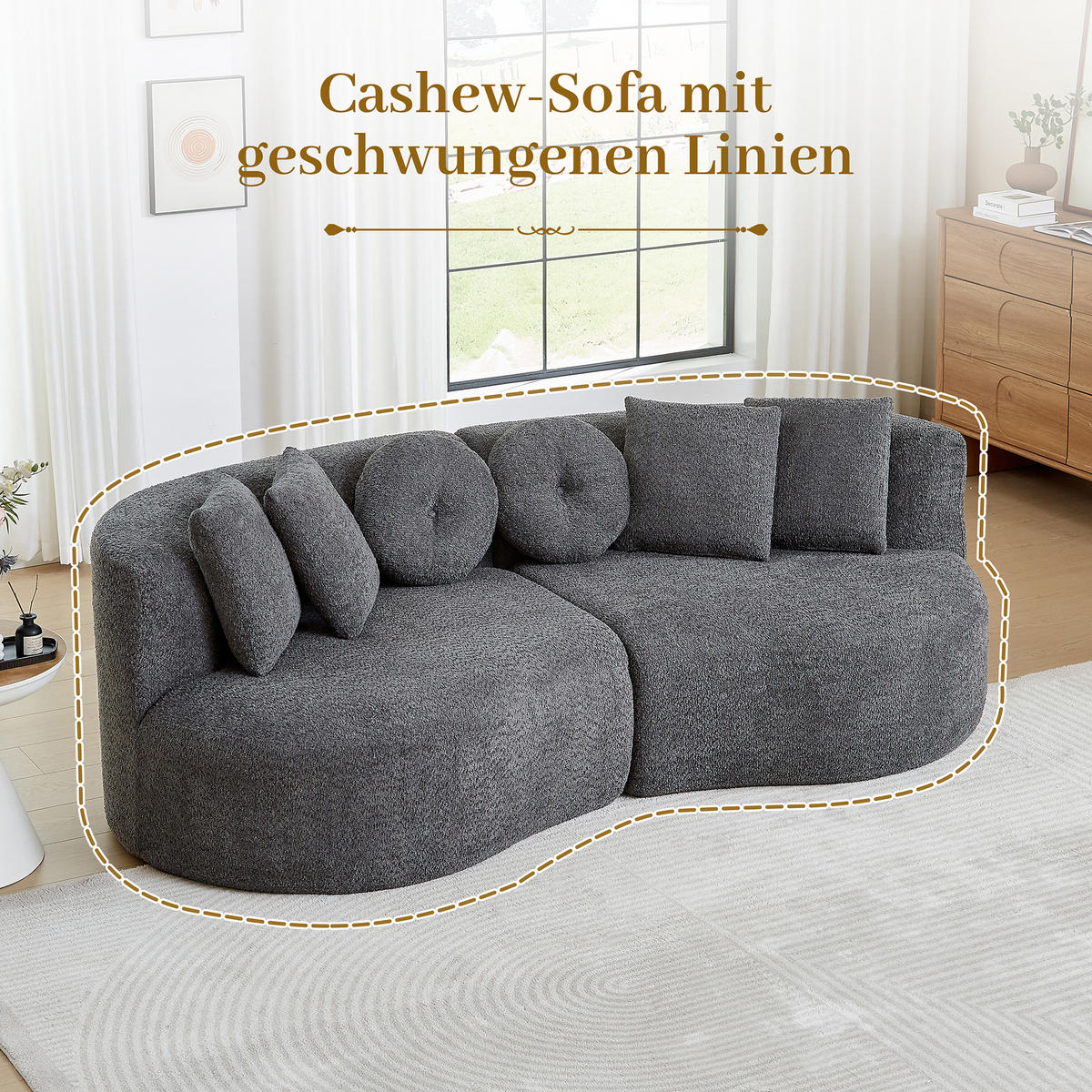 3-SITZER SOFA Geschwungenes Modulares Chenille Cashew - Grau, Textil (223/79/109cm) - Urban Meuble