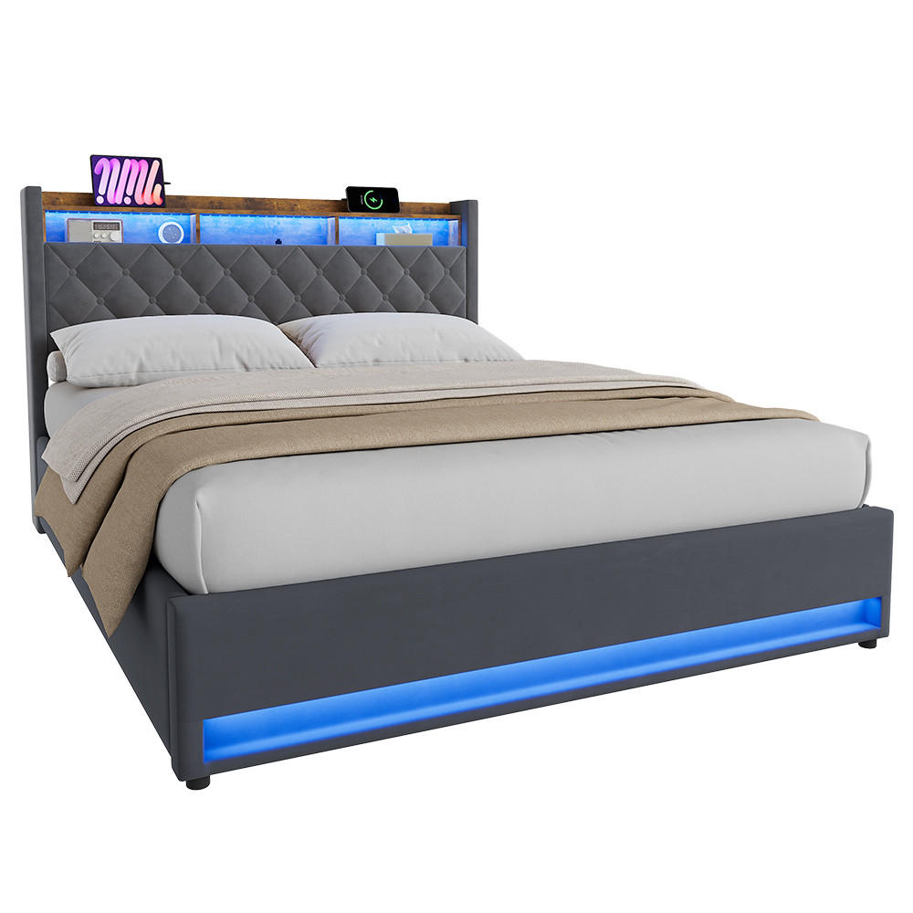 ČALOUNĚNÁ POSTEL 160/200 cm s úložným prostorem a zásuvkou, boxspringová postel s USB a LED osvětlením - šedá, kov/kompozitní dřevo (160/200cm) - STILVORA