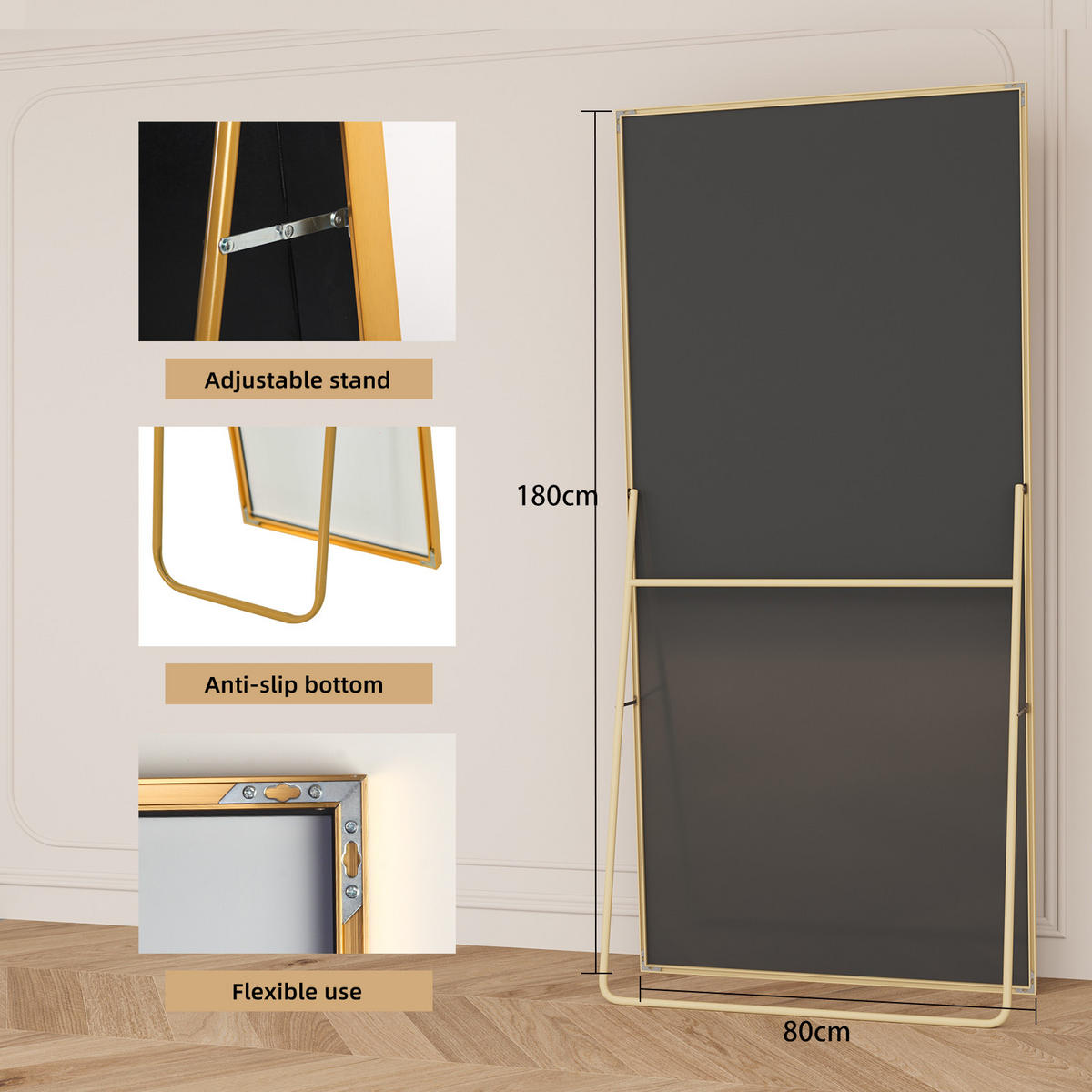 GANZKÖRPERSPIEGEL 80x180 cm, rechteckiger Aluminiumrahmen in Gold, ideal für Schlaf- & Wohnzimmer - Goldfarben, Metall (80/3/180cm) - BRILVERDE