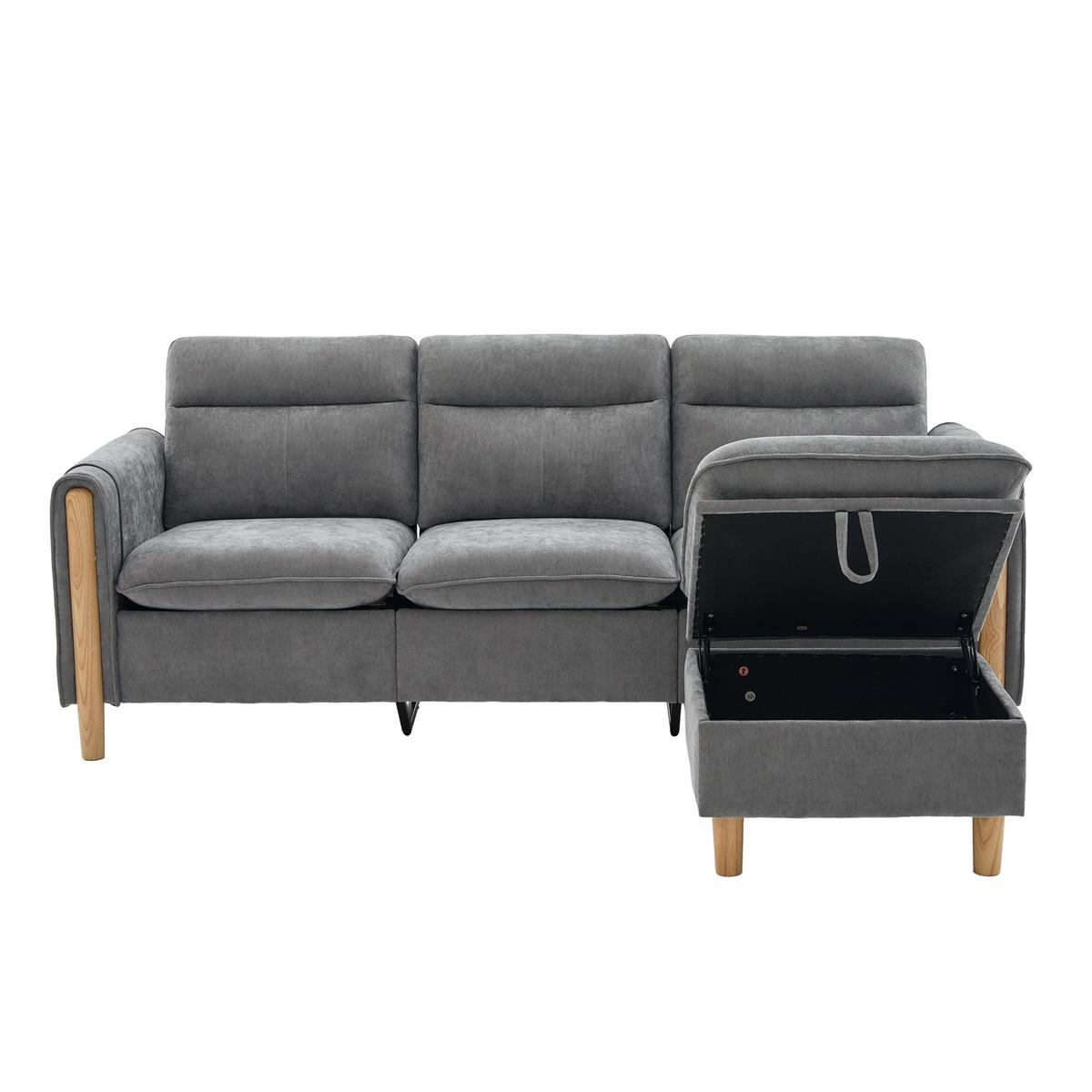 ECKSOFA DE-33940 mit Stauraumhocker und Seitentaschen Grau - Hellgrau, Holz (77/201cm) - ComfortXL