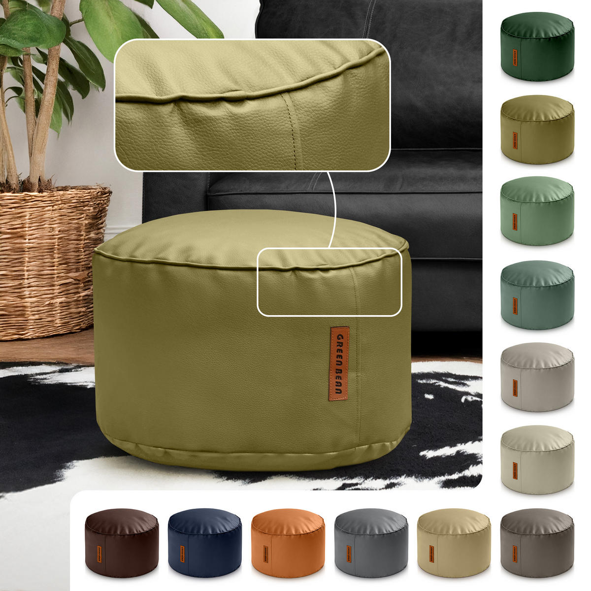 INDOOR HOCKER Stay rund Kunstleder - Grün, Textil (43/30/30cm) - Green Bean