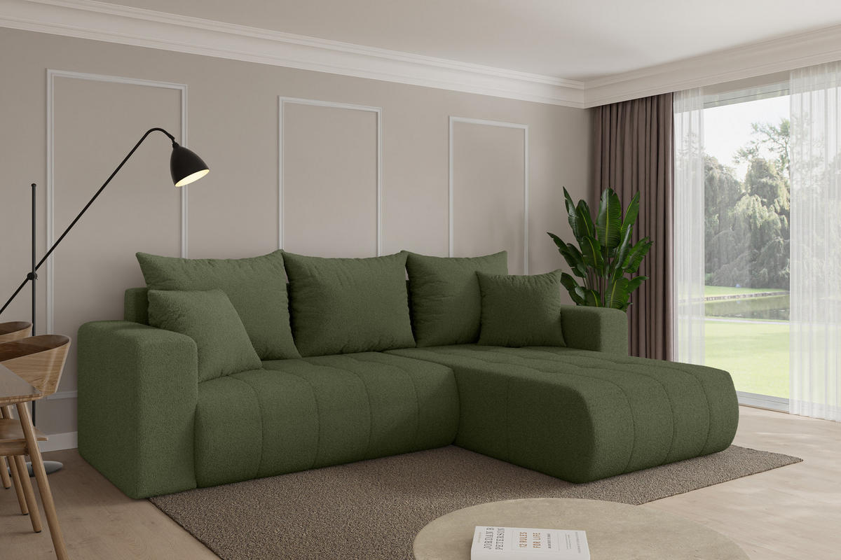 ROHOVÁ SEDAČKA s funkcí spaní, otoman vpravo MILA-L 277x194x86 zelená bouclé - černá/zelená barva, kompozitní dřevo/textil (277/194cm) - ALTDECOR