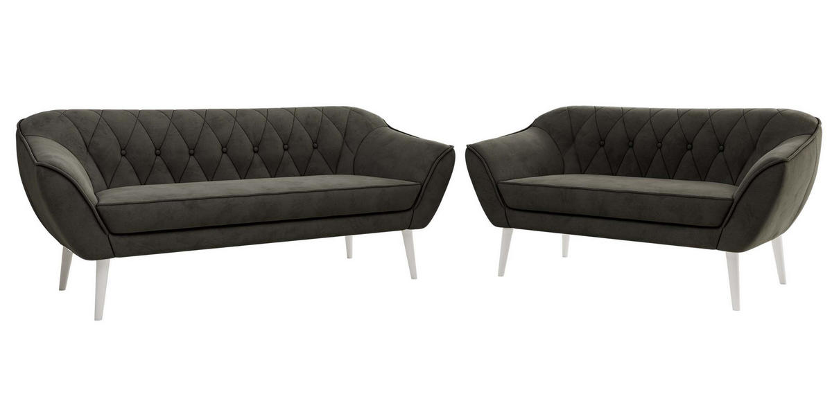 SITZGARNITUR PIRS 3+2 - Dunkelgrau Velvet - Weiße Beine - Dunkelgrau/Weiß, Holzwerkstoff/Textil (180/75/74cm) - MKS