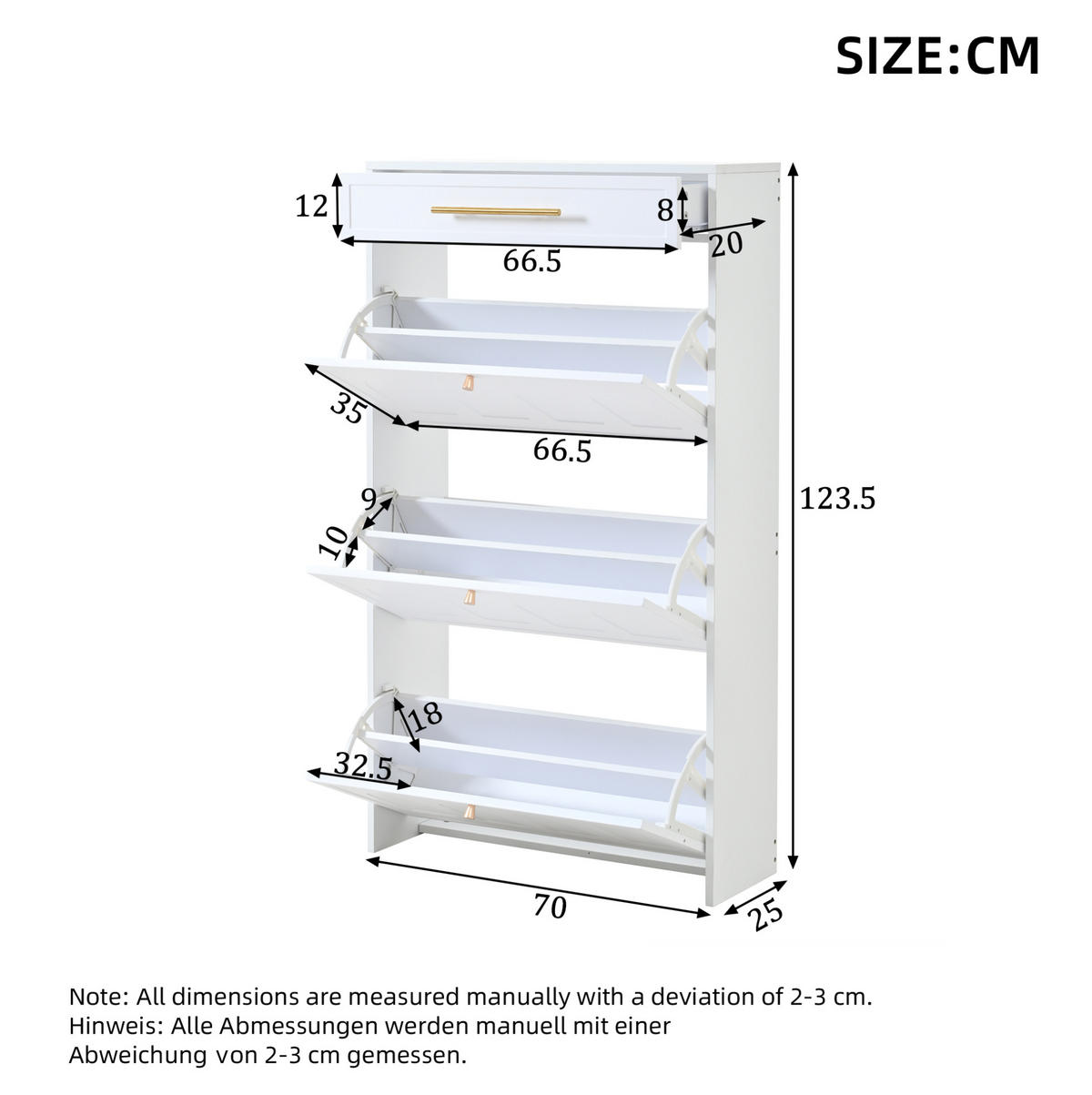 SCHUHSCHRANK aus MDF 70x25x123,5cm in Weiß mit 6 Fächern & Schublade - Weiß, Holzwerkstoff (70/123.5/25cm) - Modfu
