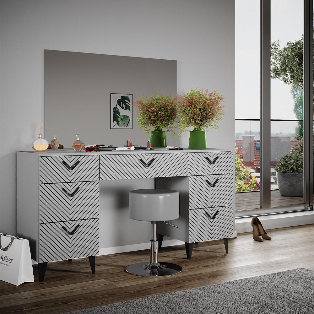 SCHMINKTISCH Anett Grau 150 cm mit Hocker - Grau, Holzwerkstoff (150/78.1/45cm) - Vicco