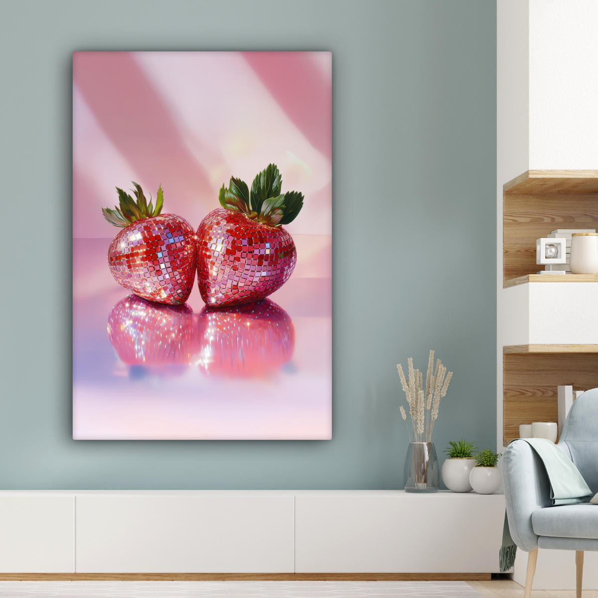 LEINWANDBILD Disco - Obst - Glitzer - Erdbeere 80x120 cm - Pink, Textil (80/120cm) - MuchoWow